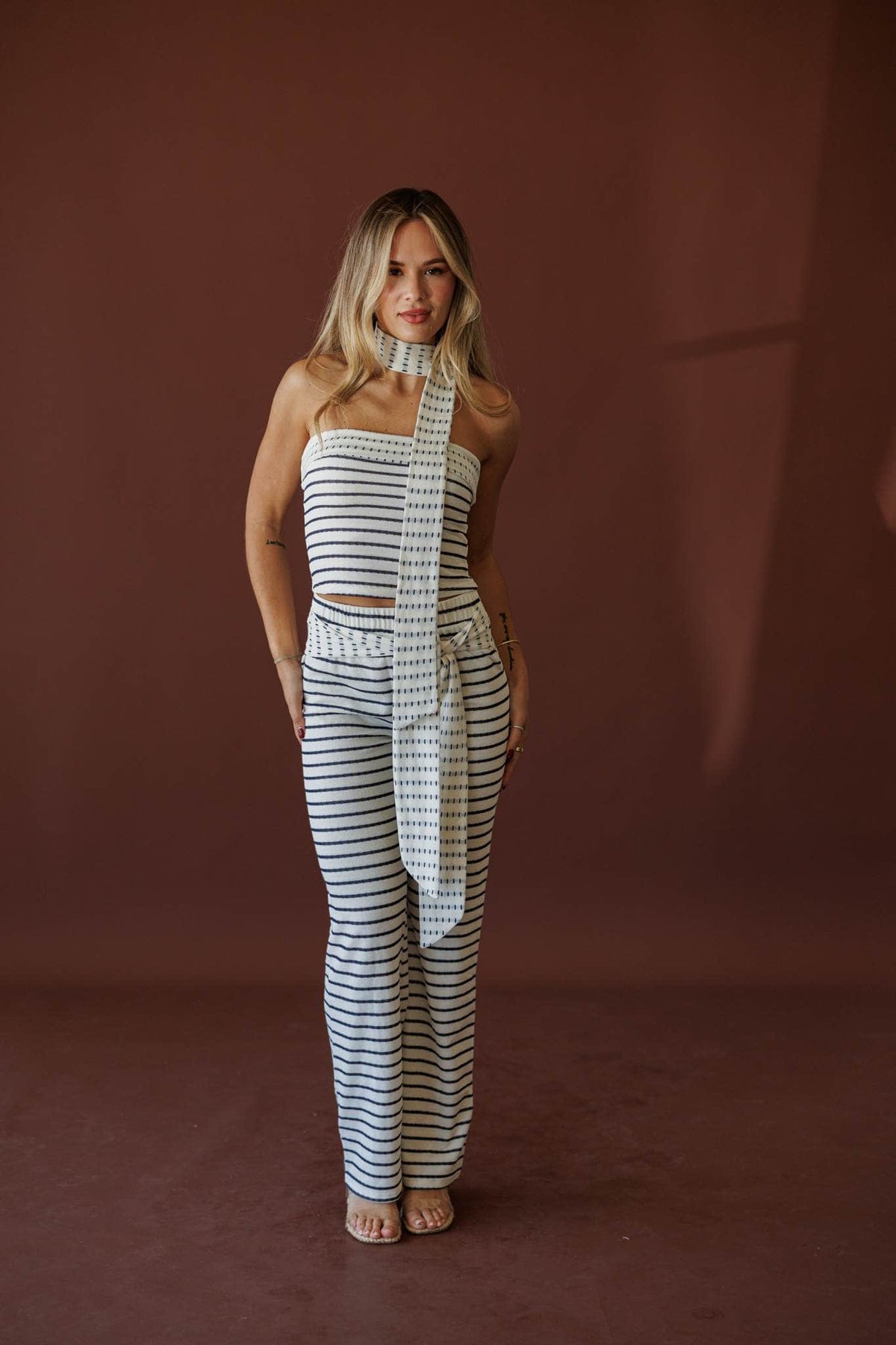 Striped Signal Knit Pants, full-length view of the striped knit set
