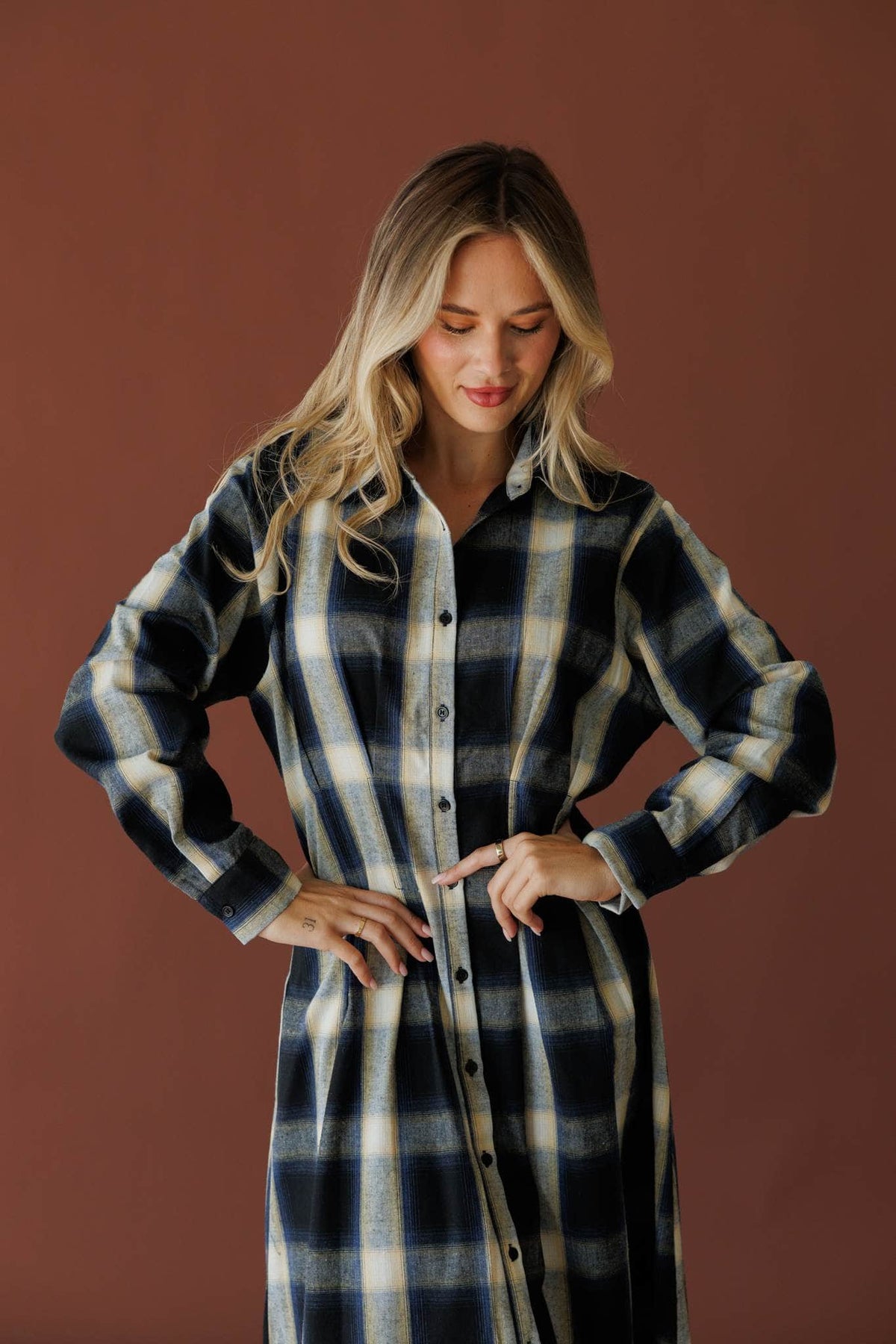 Navy and cream plaid button front midi dress