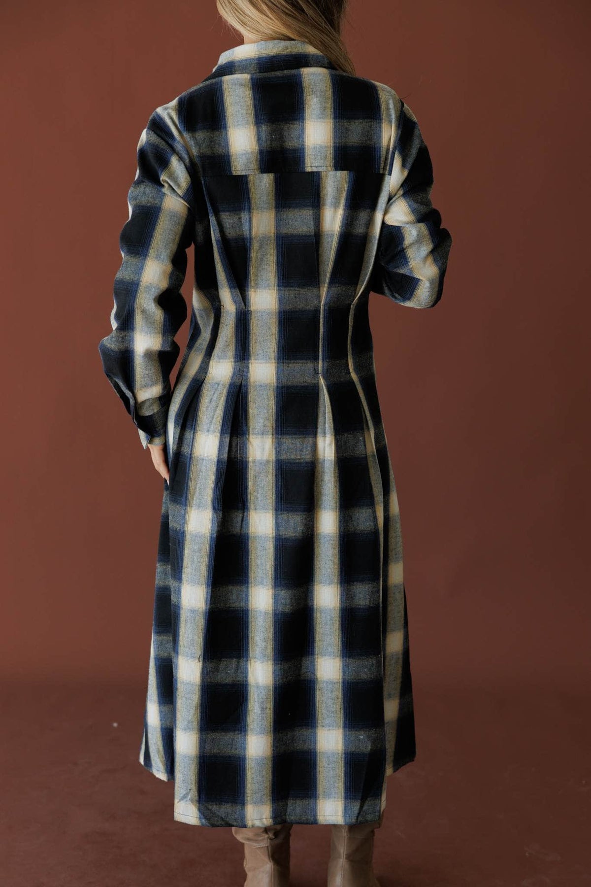 Navy and cream plaid button front midi dress