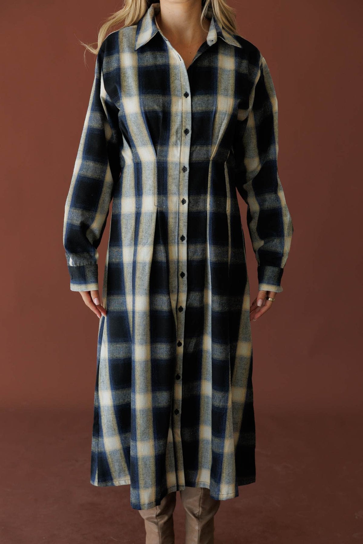 Navy and cream plaid button front midi dress