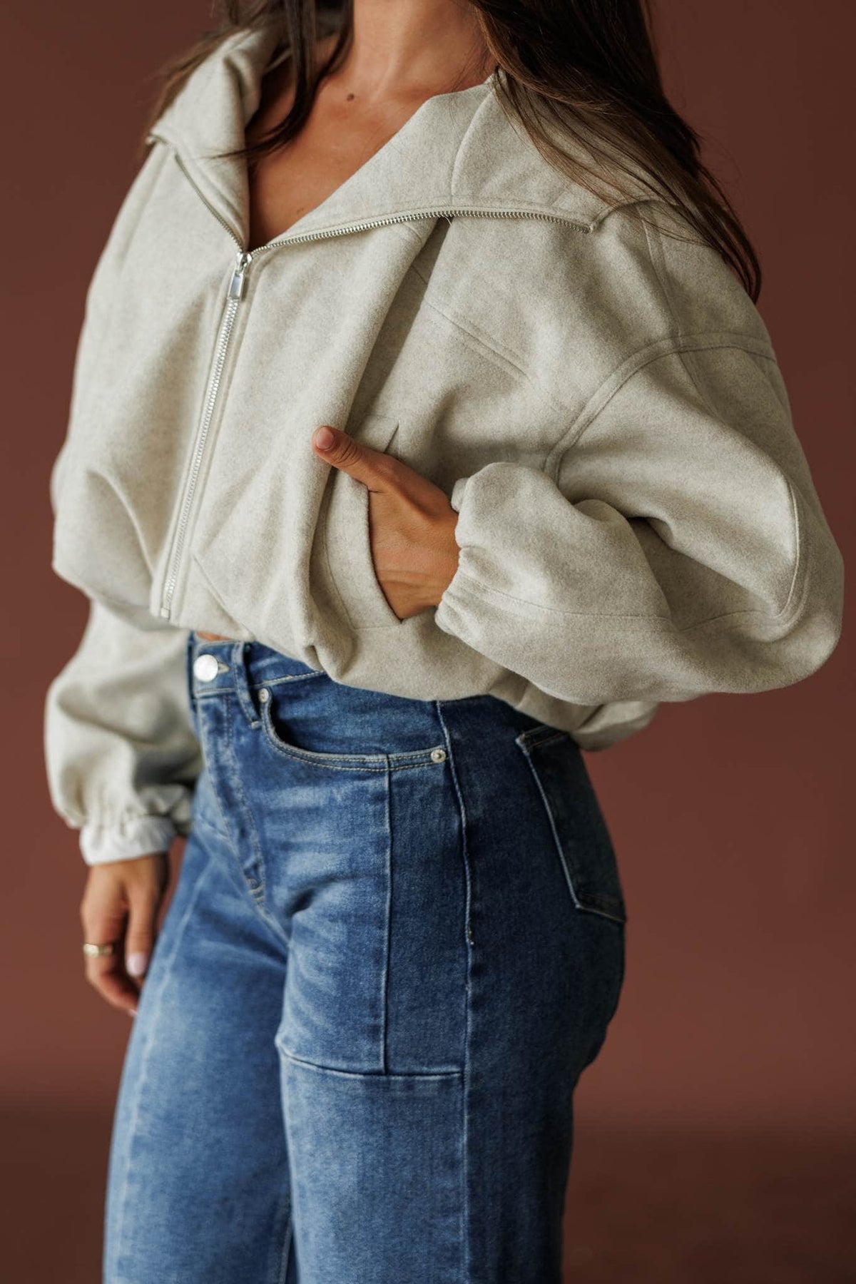 Light taupe cropped zip up hoodie