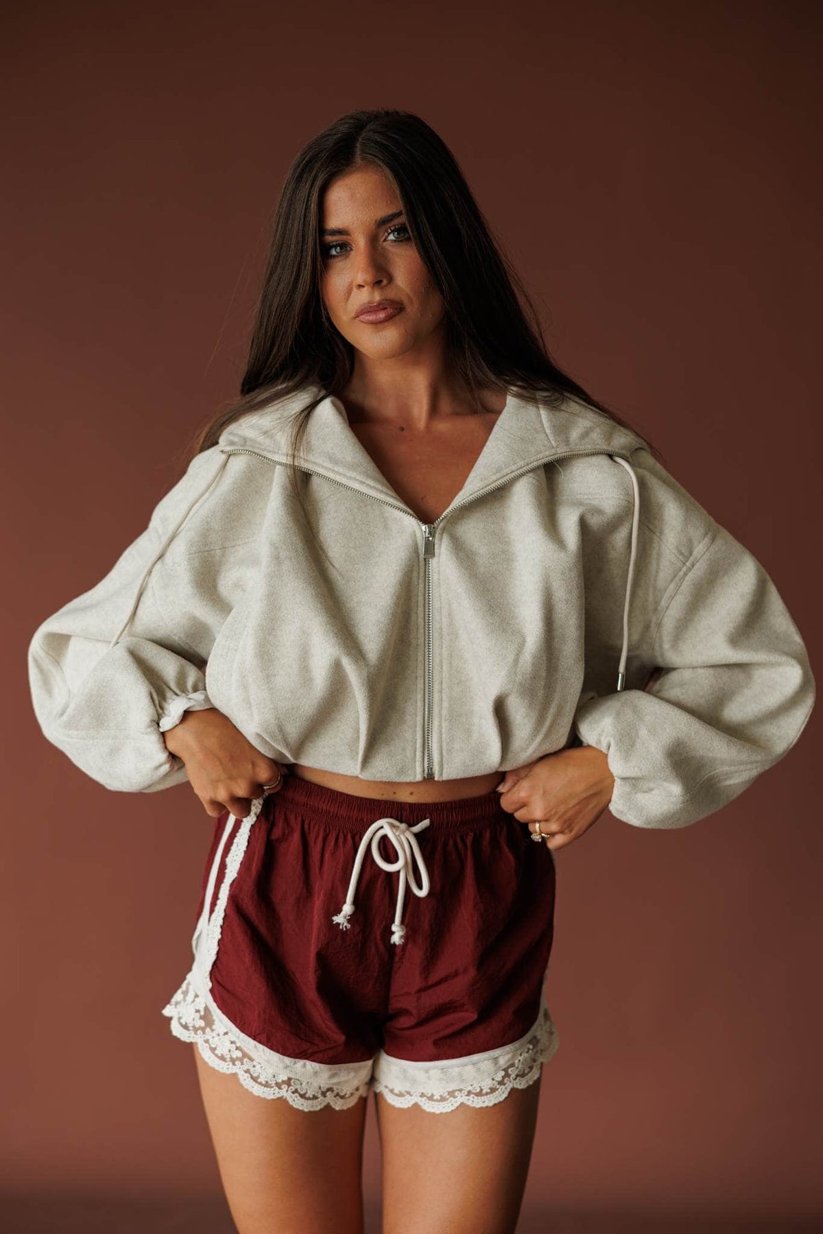 Light taupe cropped zip up hoodie