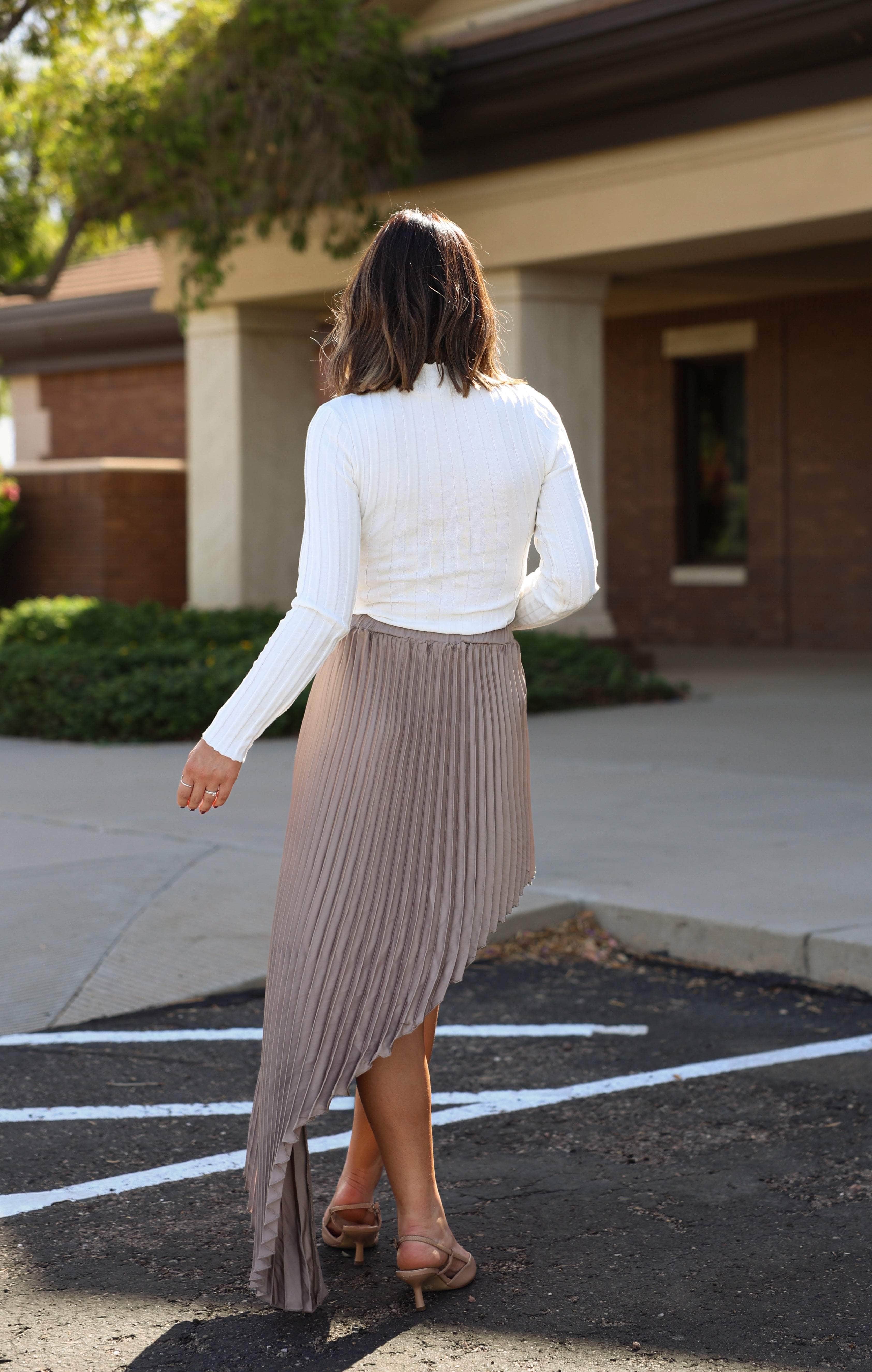 Mocha Pleated Satin Asymmetrical Skirt