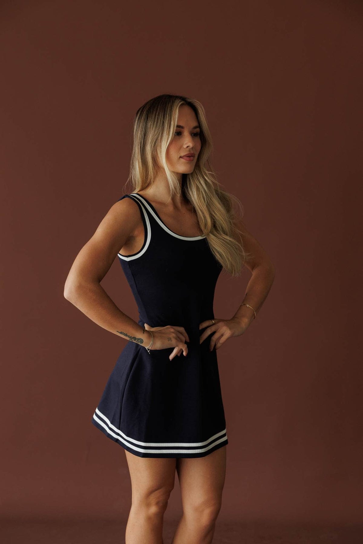 Navy scuba sleeveless dress, front view