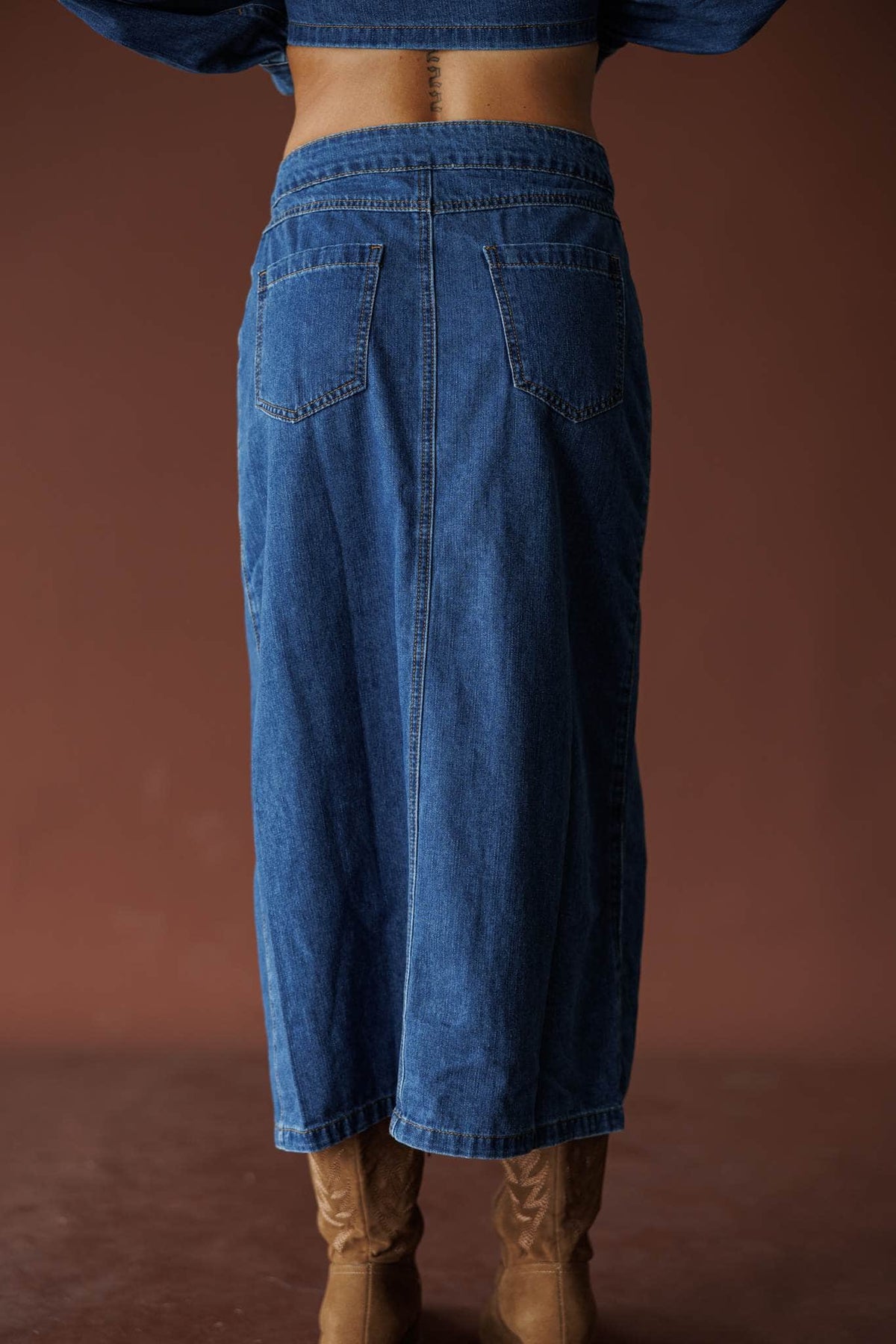 Indigo front slit denim midi skirt