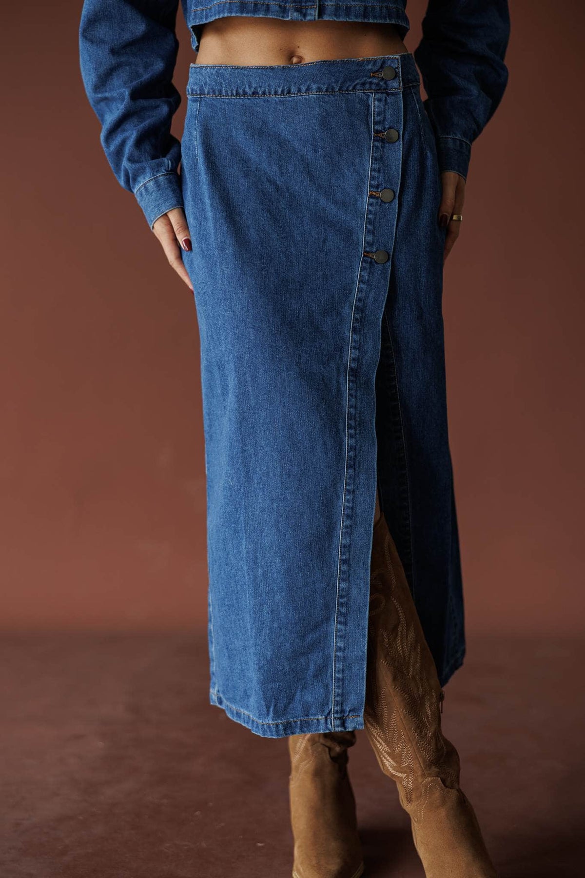 Indigo front slit denim midi skirt, front view