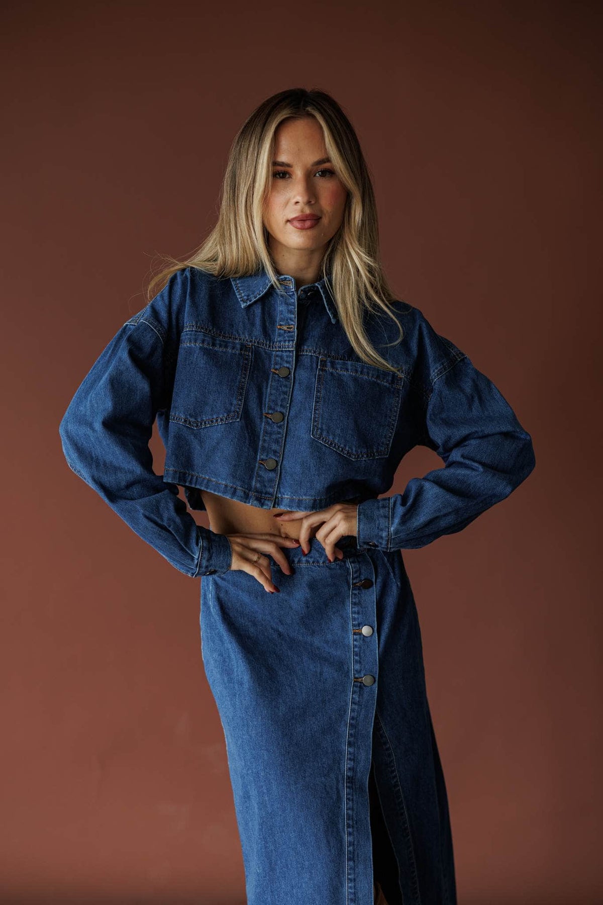 Indigo cropped denim jacket, front view