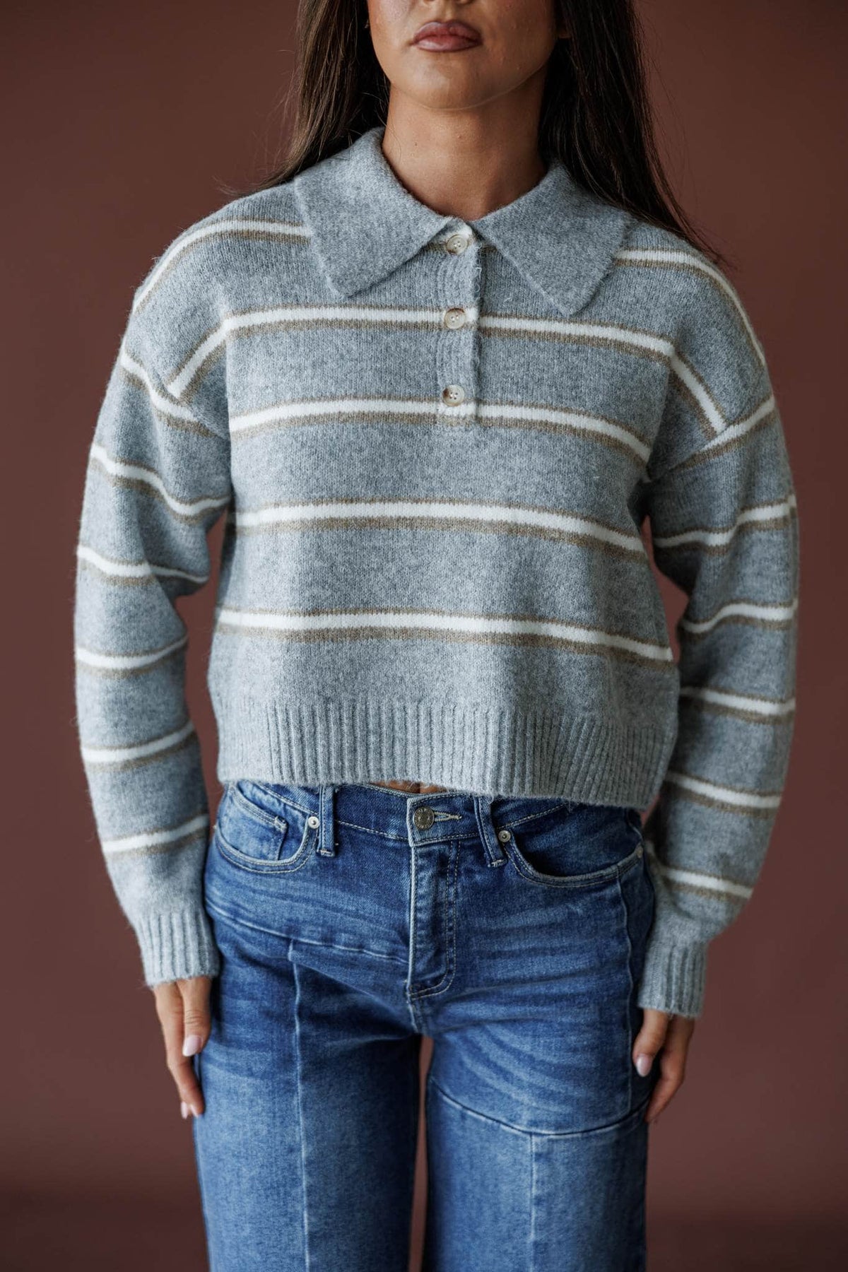 Heather grey stripe collared crop sweater