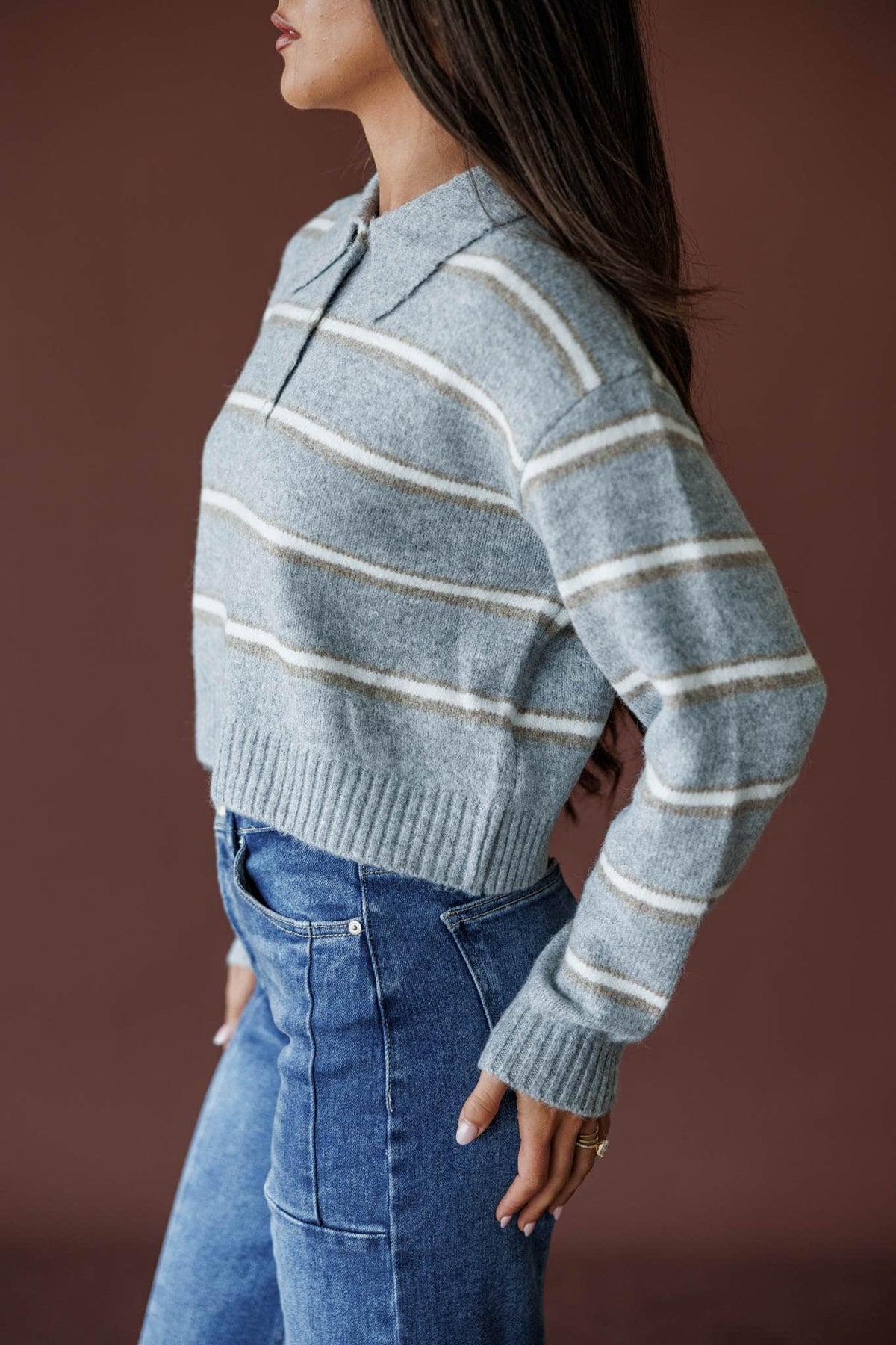 Heather grey stripe collared crop sweater