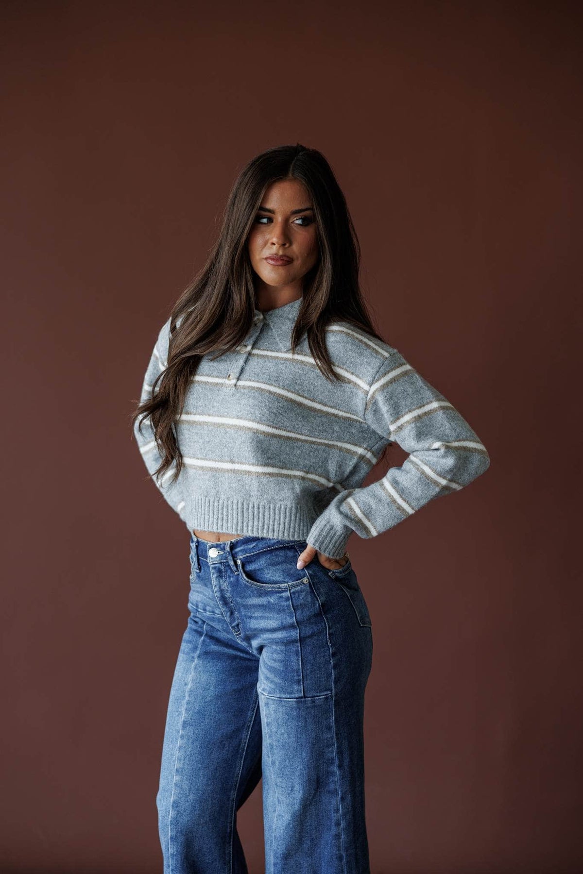 Heather grey stripe collared crop sweater