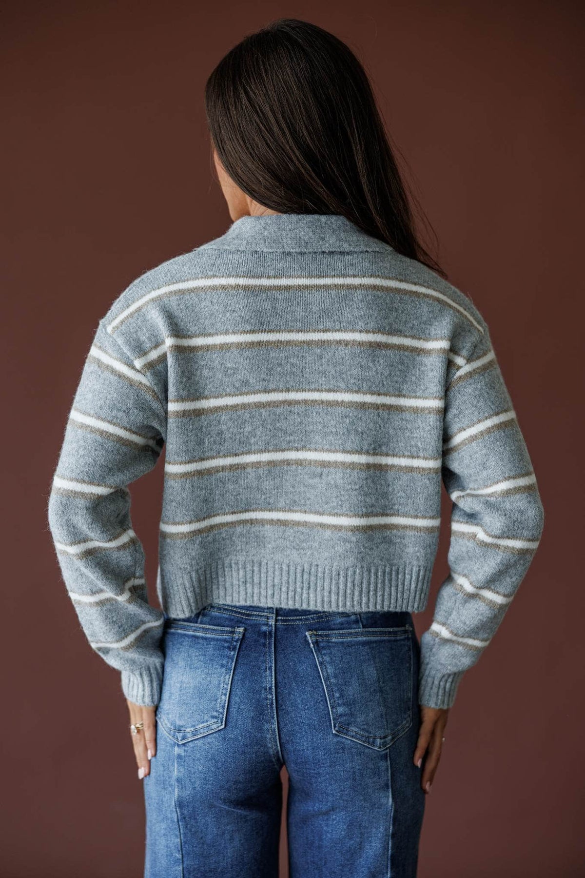 Heather grey stripe collared crop sweater