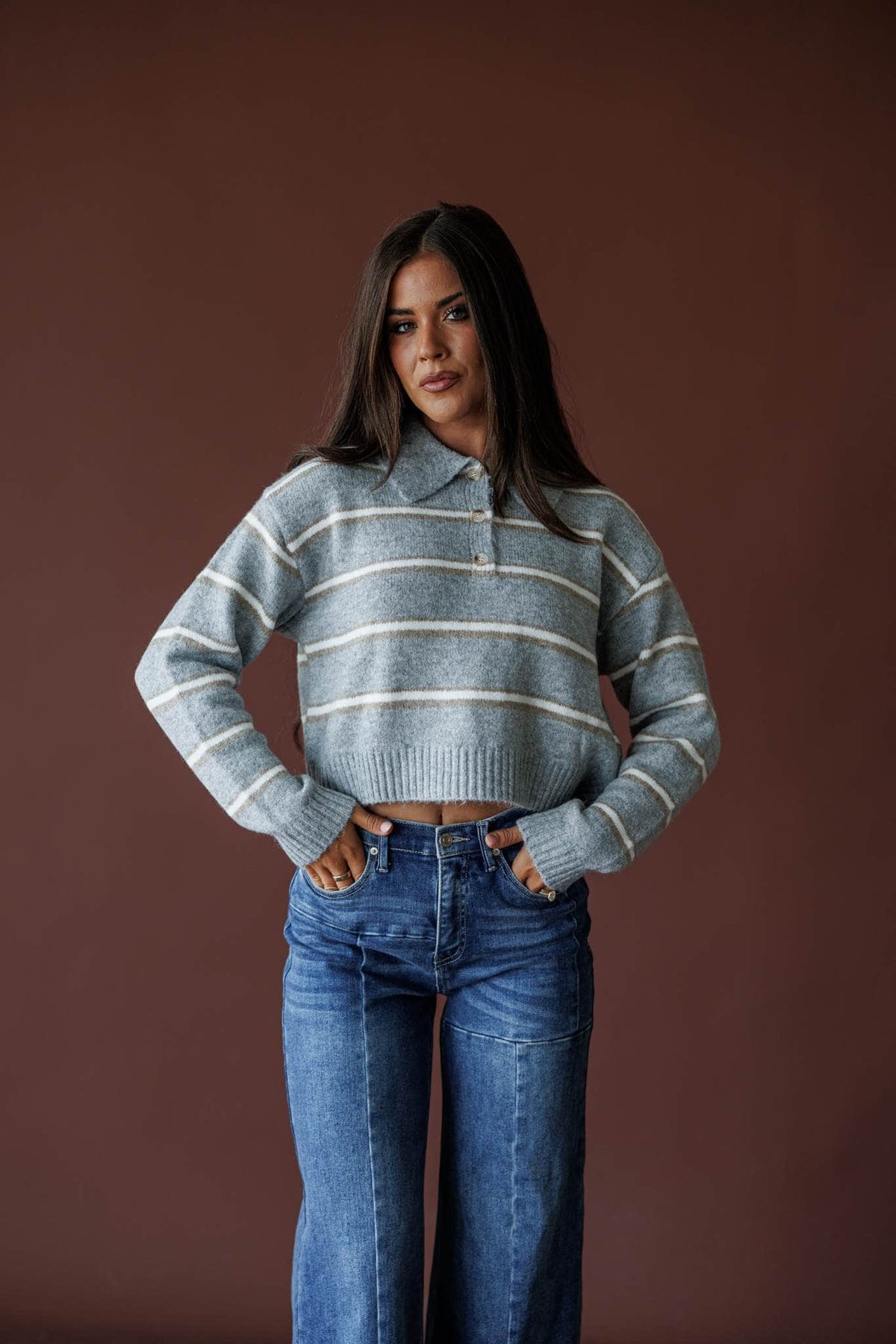 Heather grey stripe collared crop sweater, front view