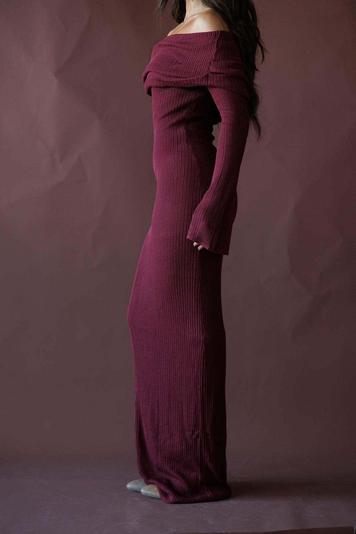 Burgundy off the shoulder knit maxi dress