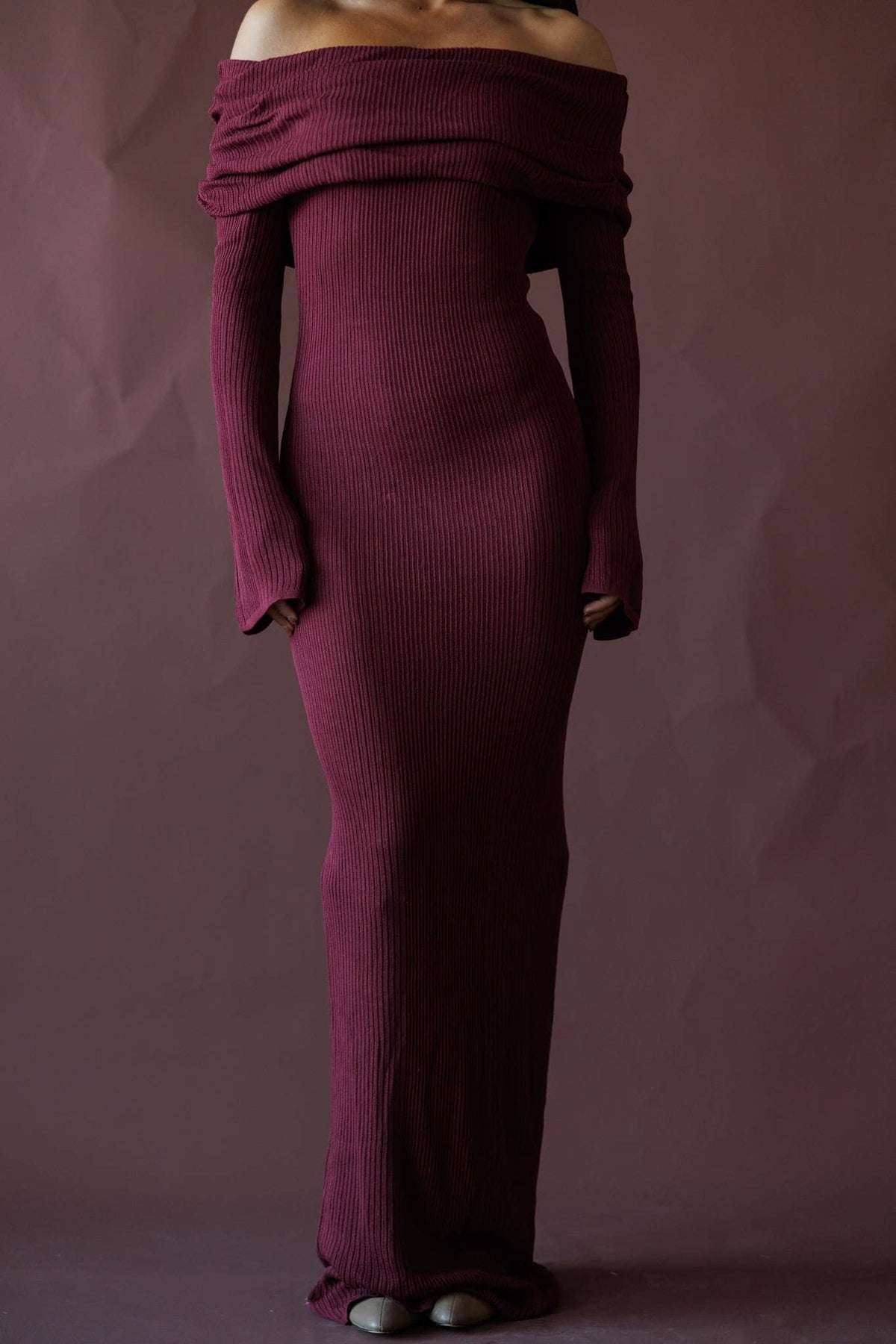 Burgundy off the shoulder knit maxi dress