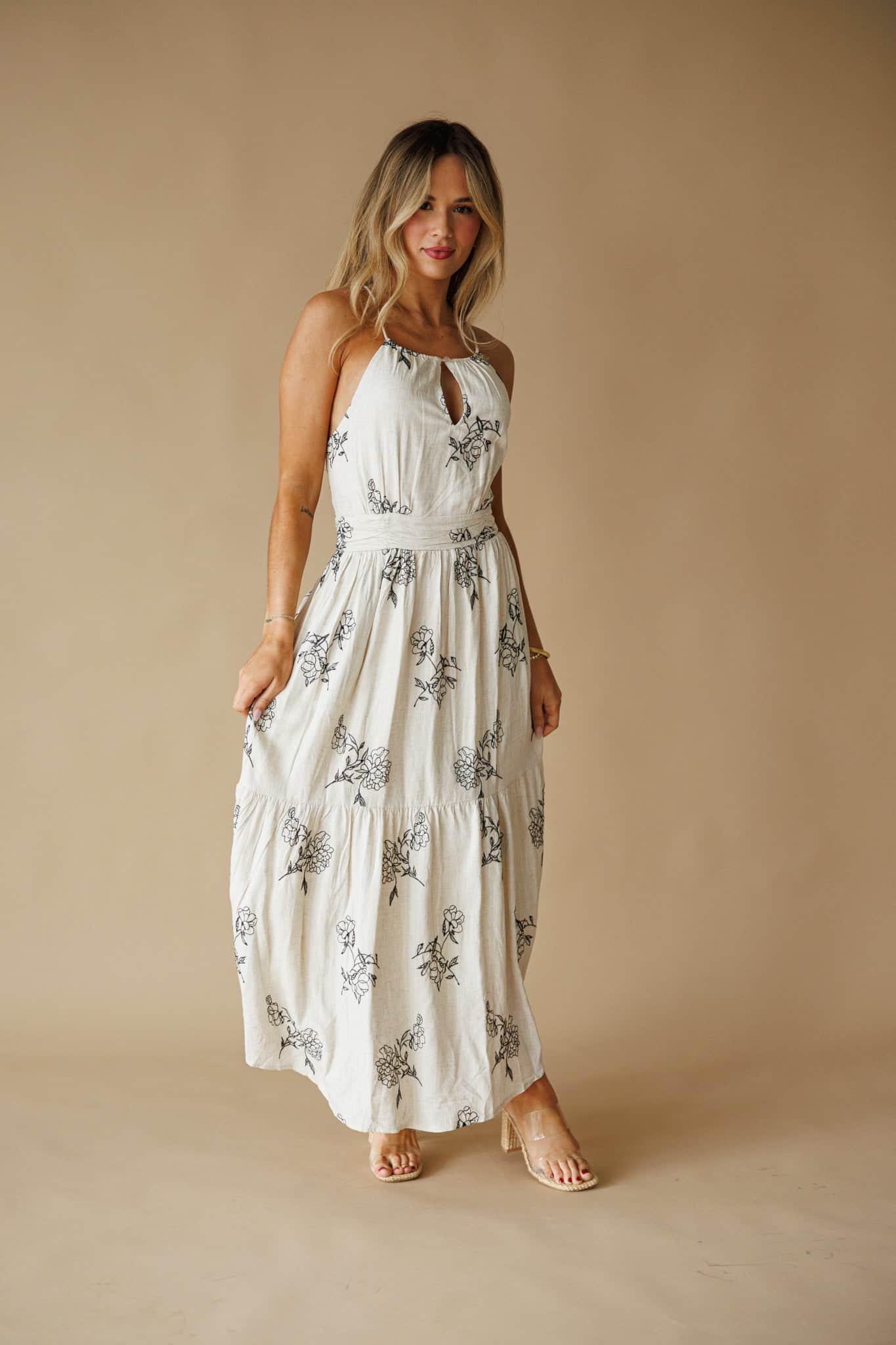 Natural Floral Linen Dress L Ivory/Black by Lane 201 Natural Floral Linen Dress L Ivory/Black by Lane 201
