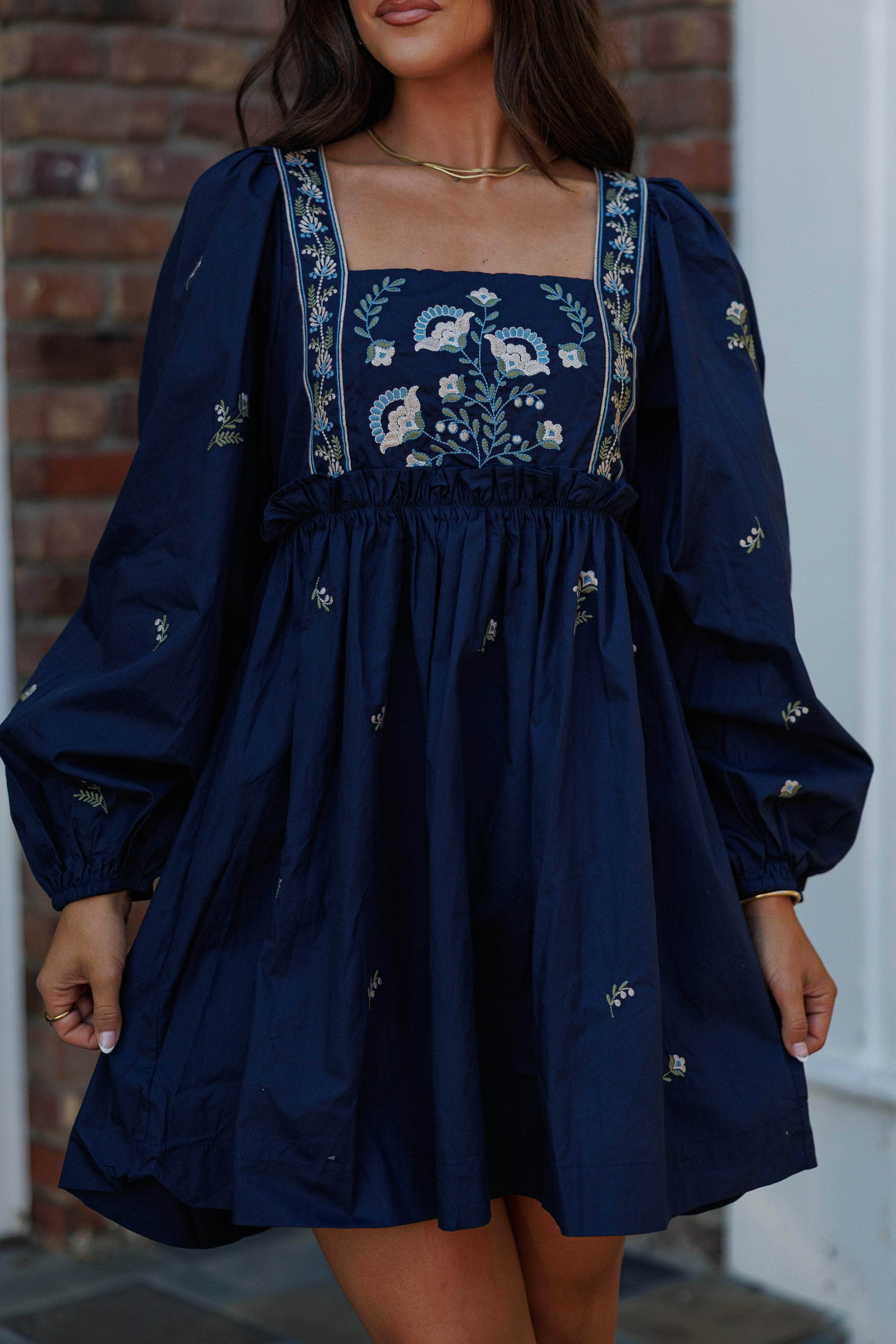 Navy Floral Embroidered Dress