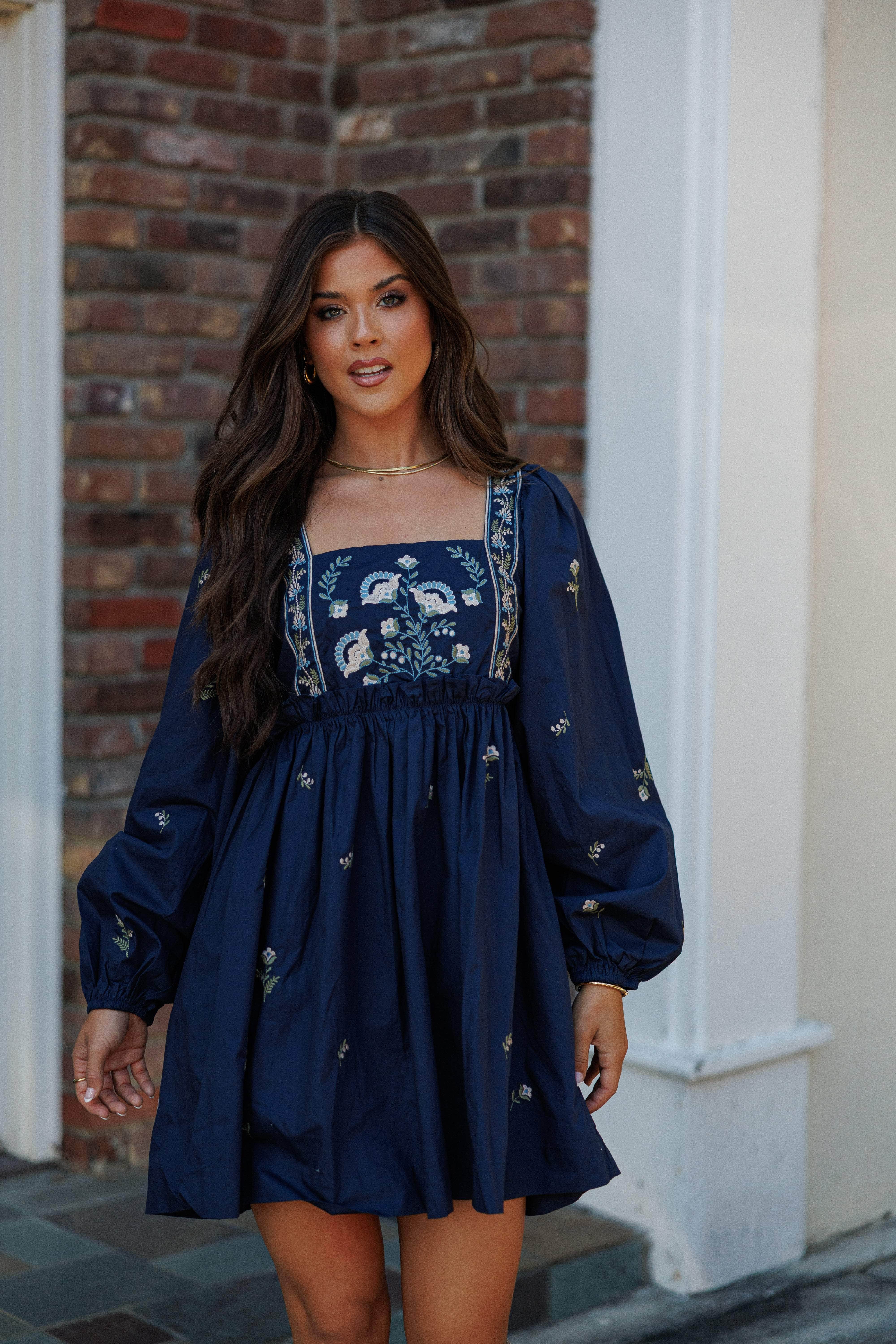 Navy Floral Embroidered Dress
