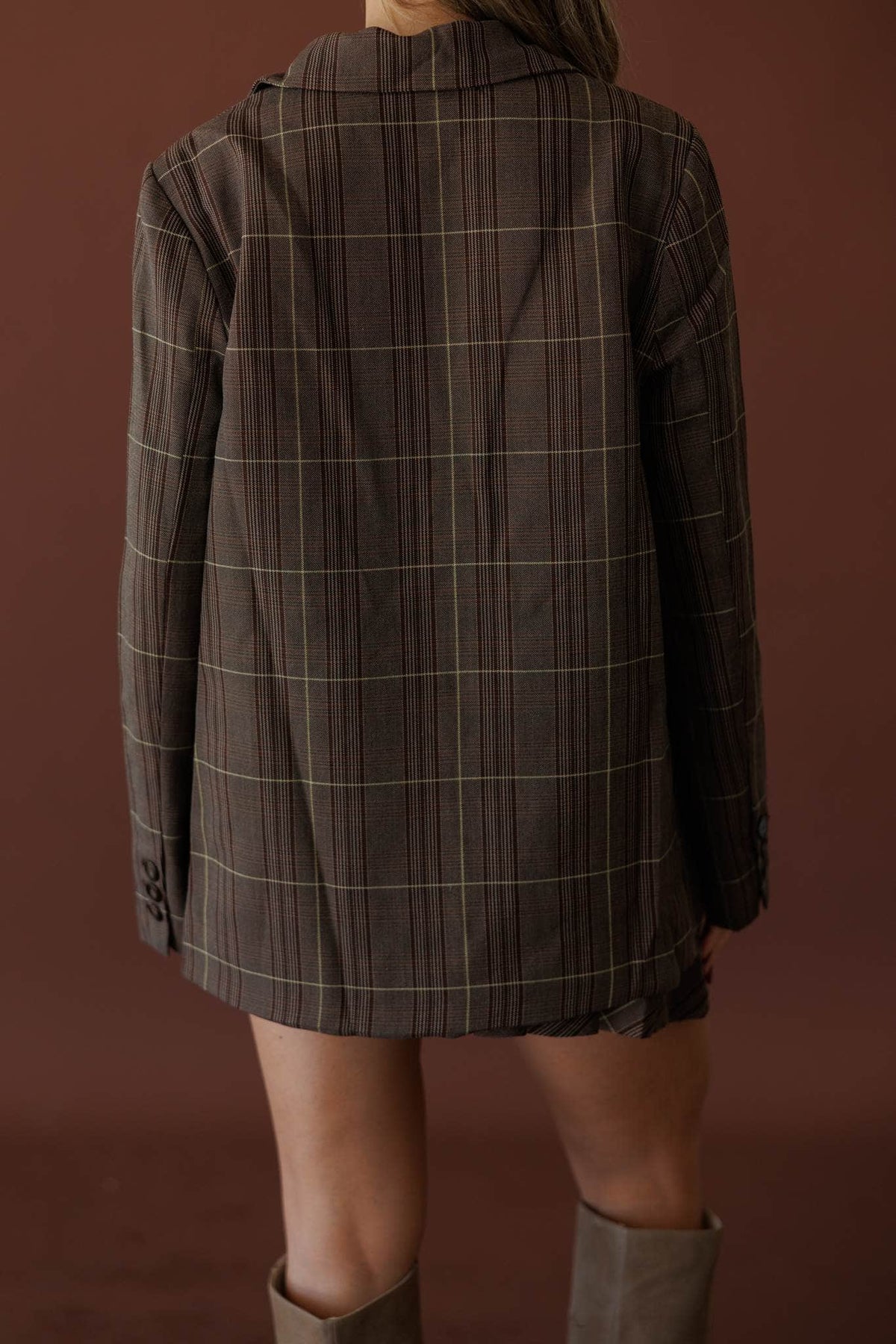 Board Meeting Plaid Blazer, back view of the plaid blazer