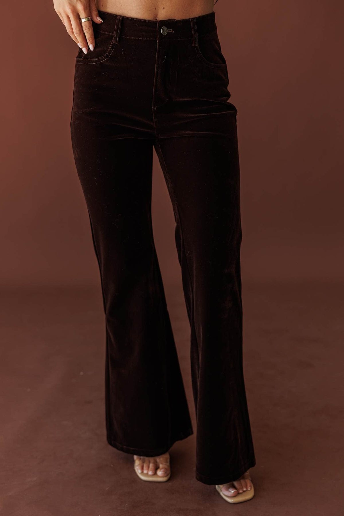 After Dark Velvet Flare Pants, in chocolate, front view of the high rise and flare