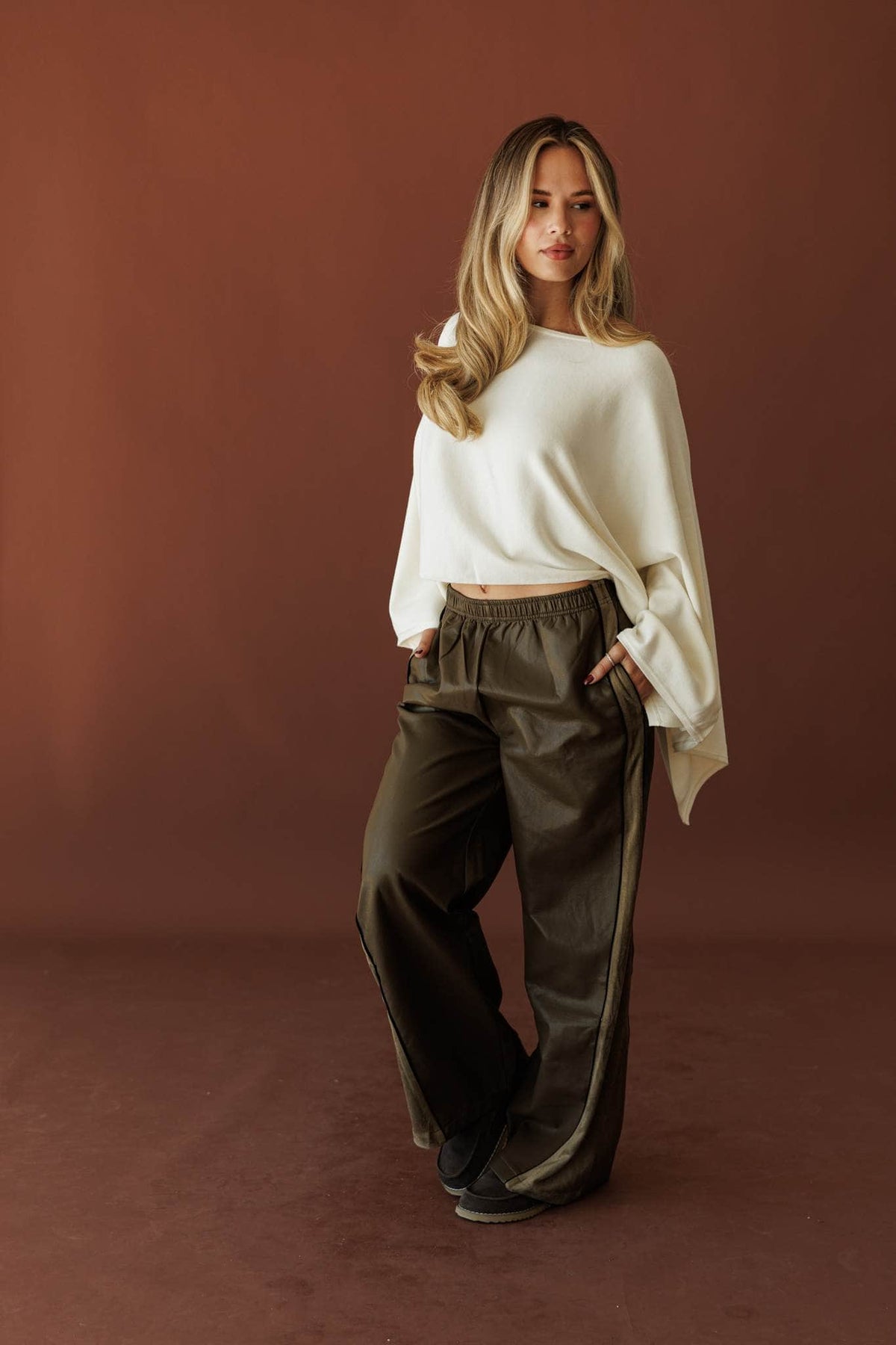 Expedition Suede Pants, in olive, full-length front view of the wide leg
