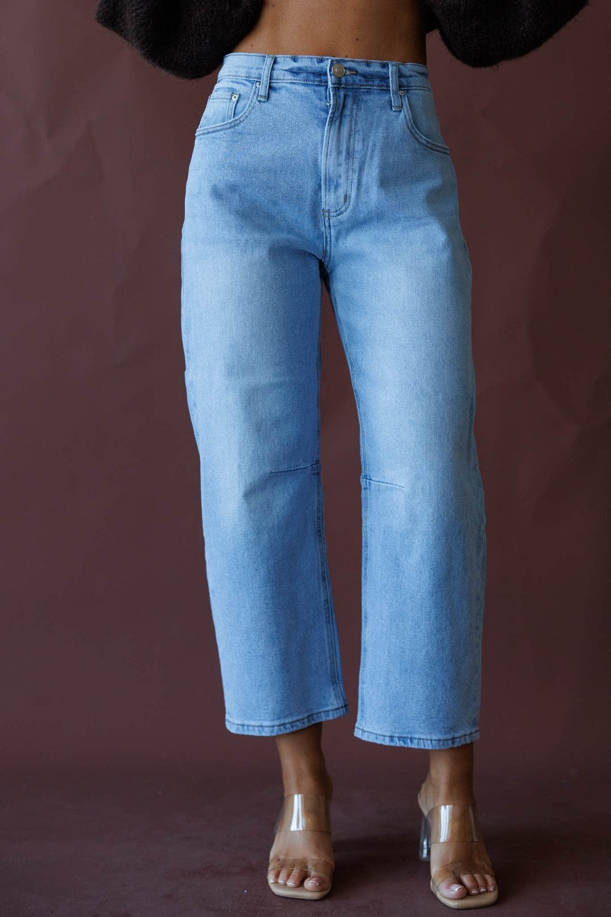 Light wash barrel leg jeans, front view