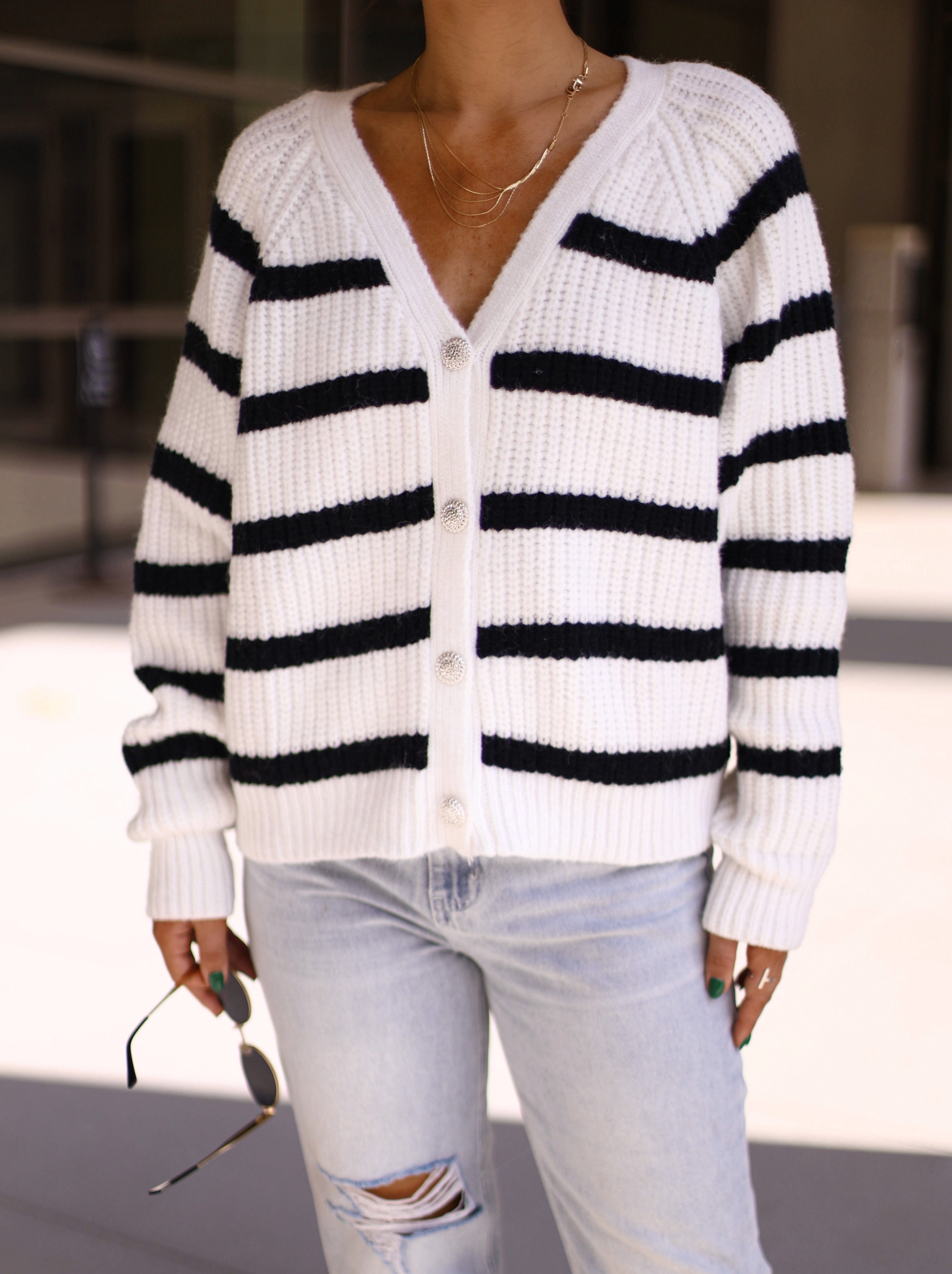 OI6267LA button up sweater stripe cardigan Fore Collection