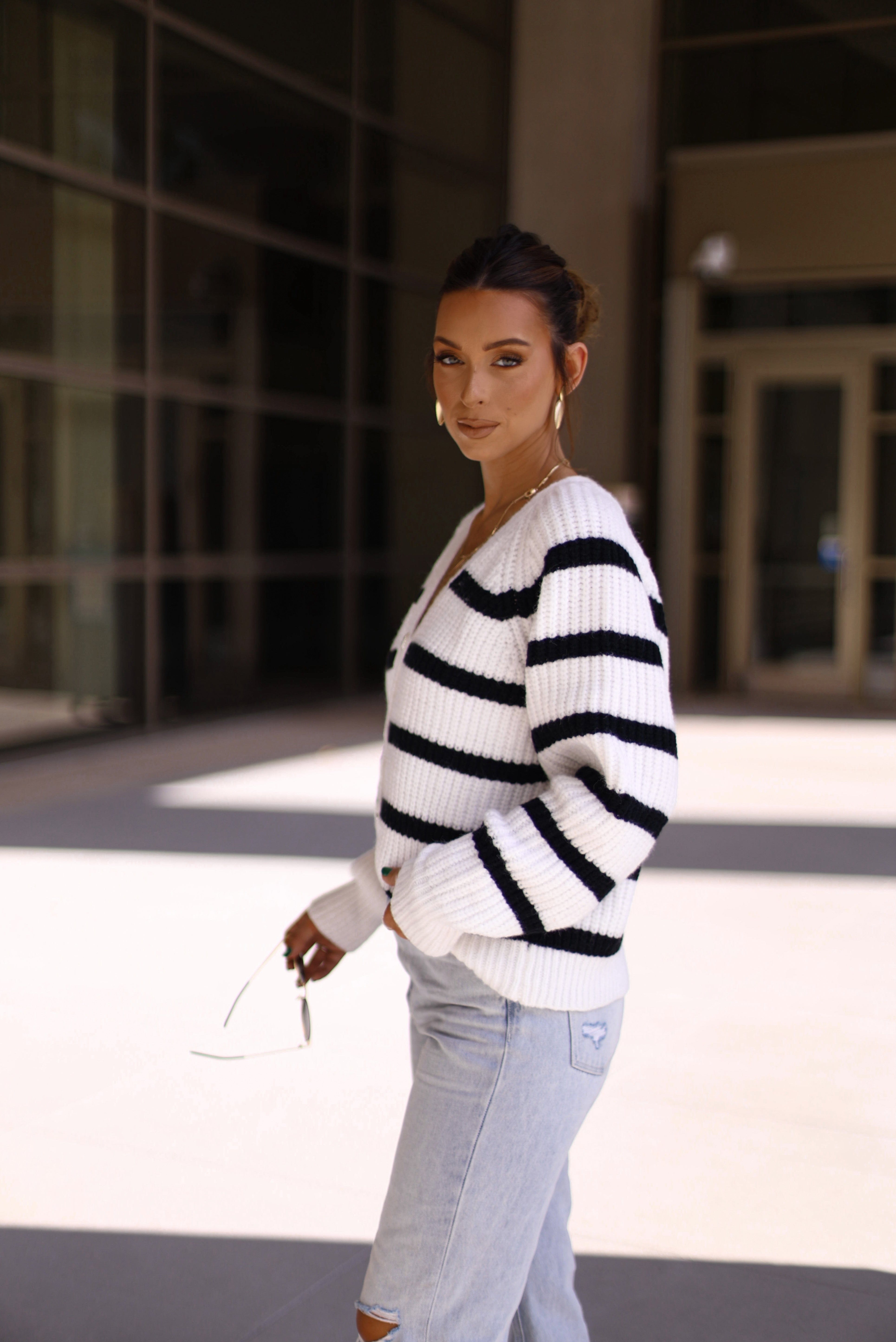 OI6267LA button up sweater stripe cardigan Fore Collection