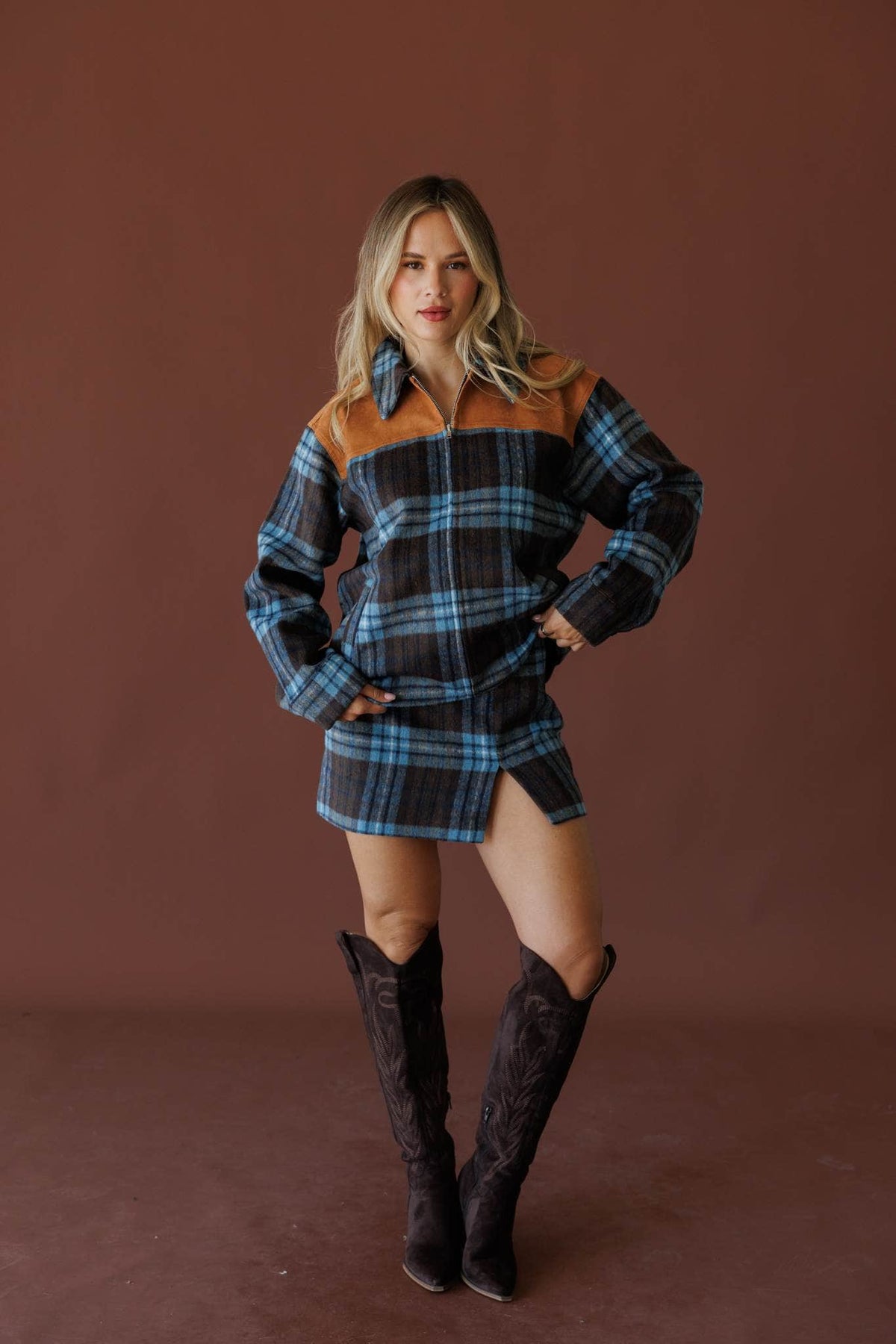 Blue plaid shirt jacket, front view