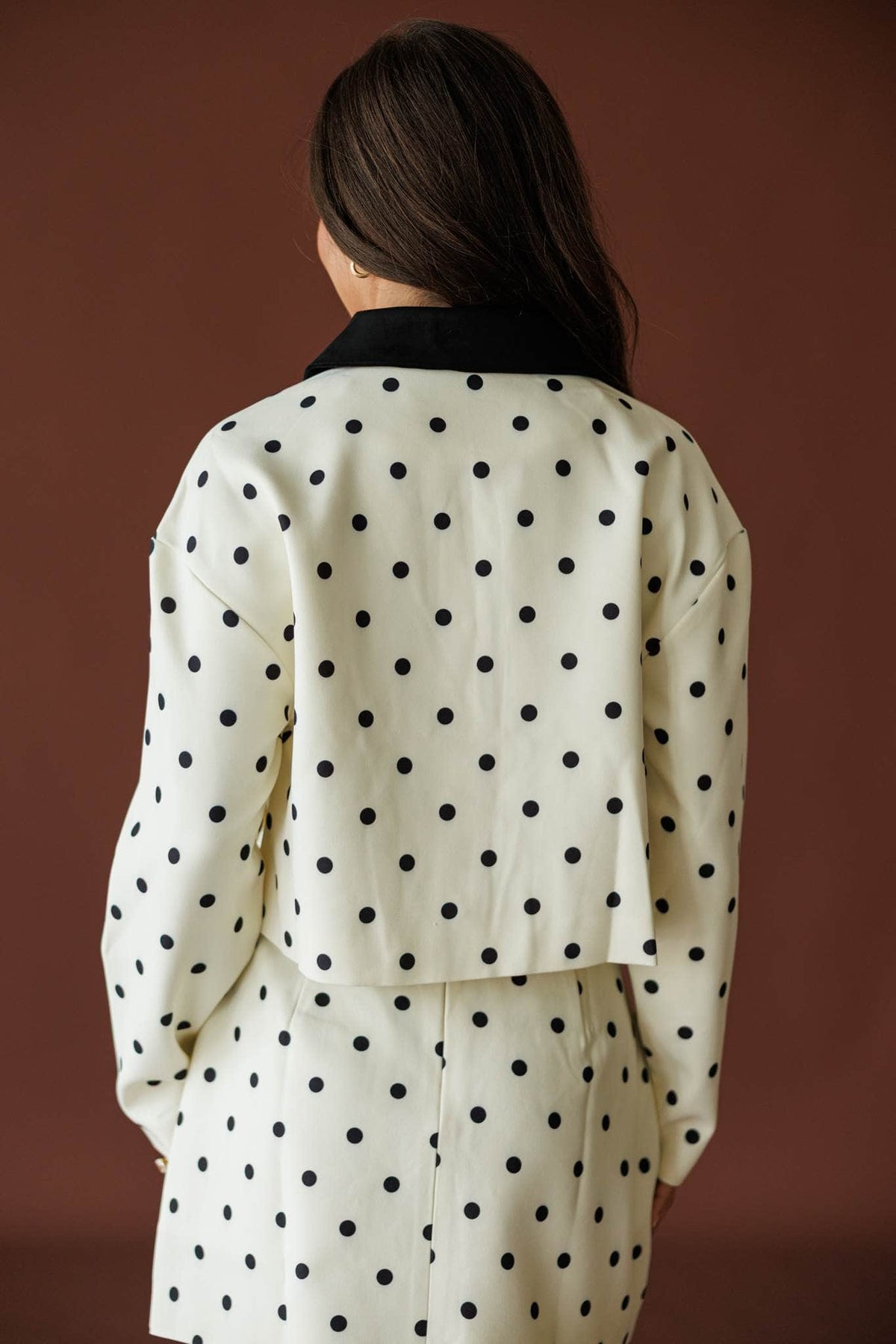 Private Party Jacket in cream black dot, back view of the boxy fit