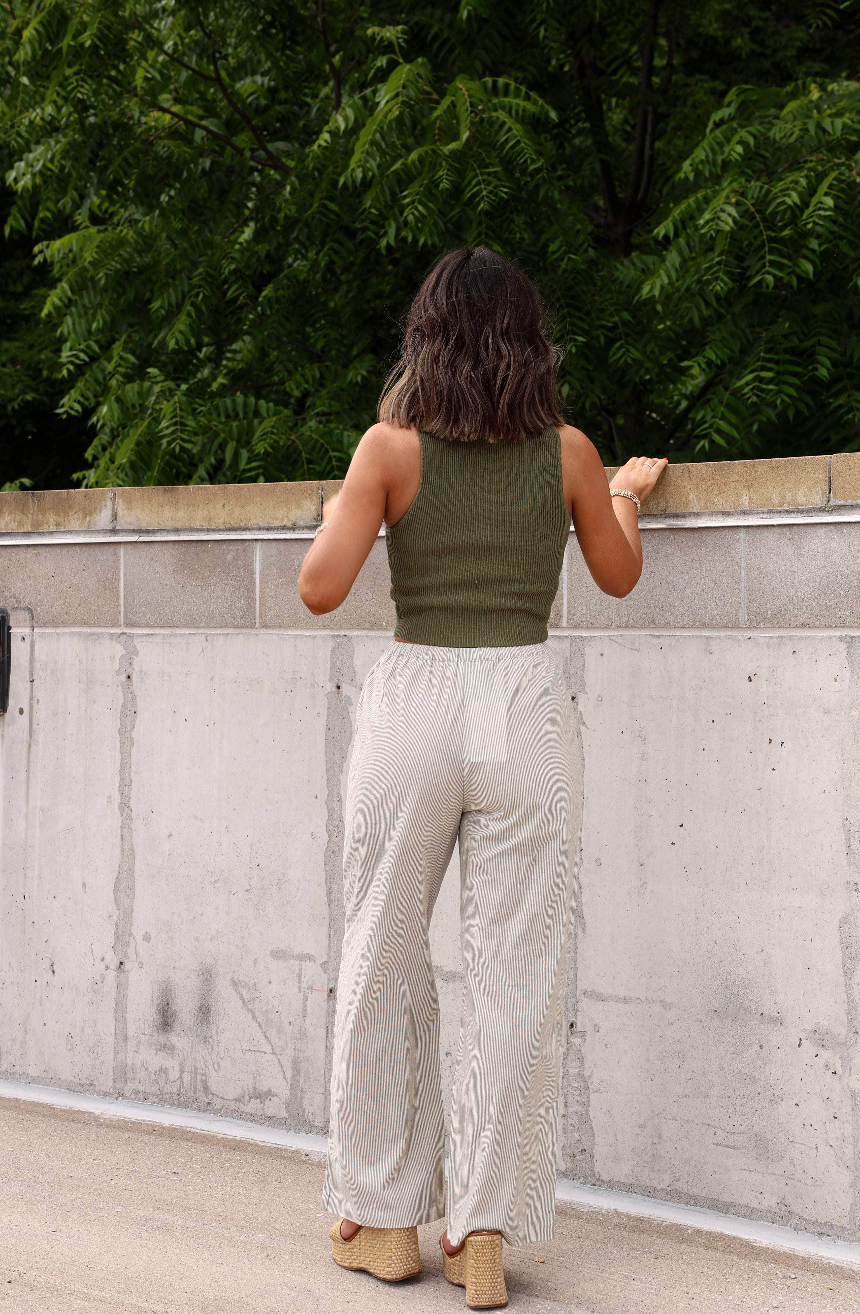 Olive Pinstripe Drawstring Pants