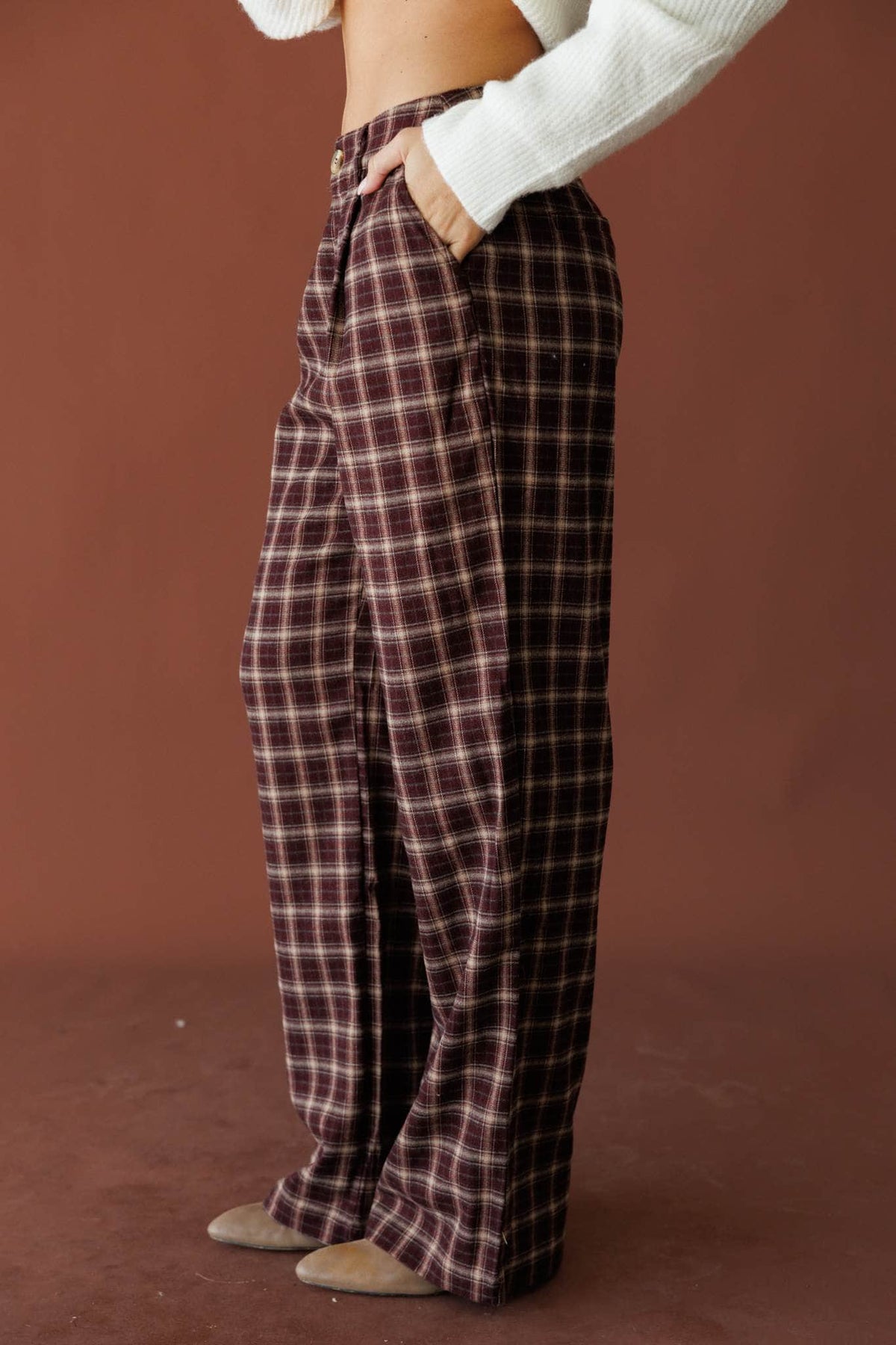 Burgundy plaid wide leg trousers