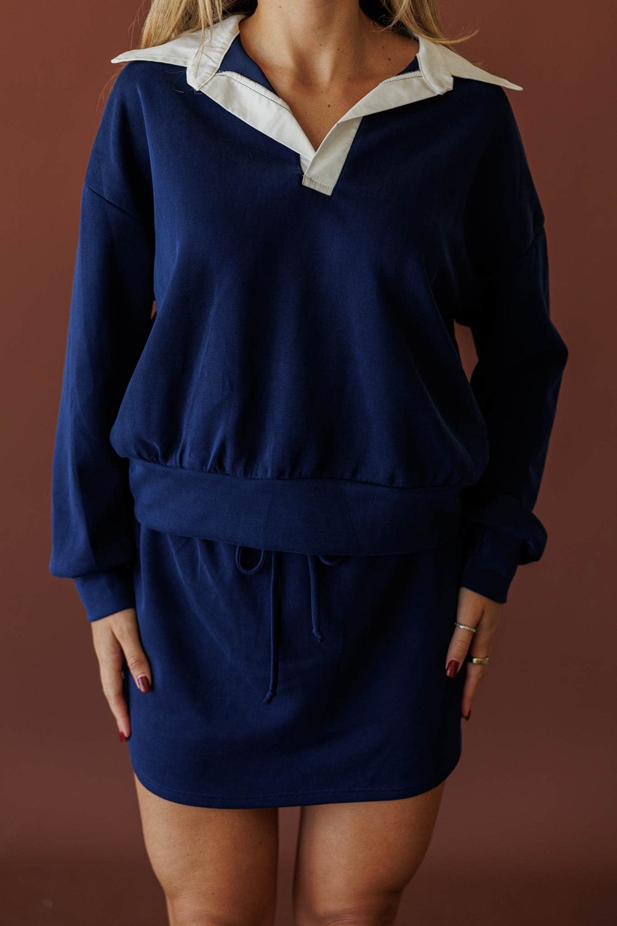 Overtime Scuba Top, in navy, front view of the contrast collar