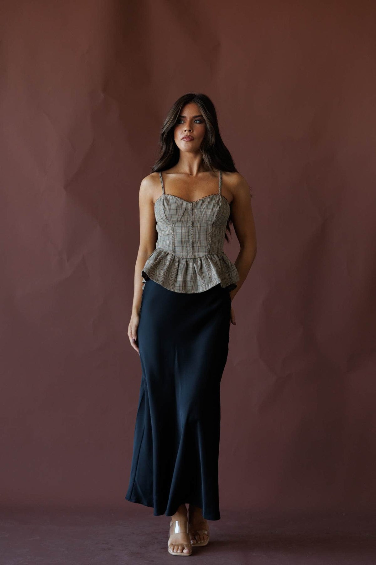 Grey plaid corset top, front view
