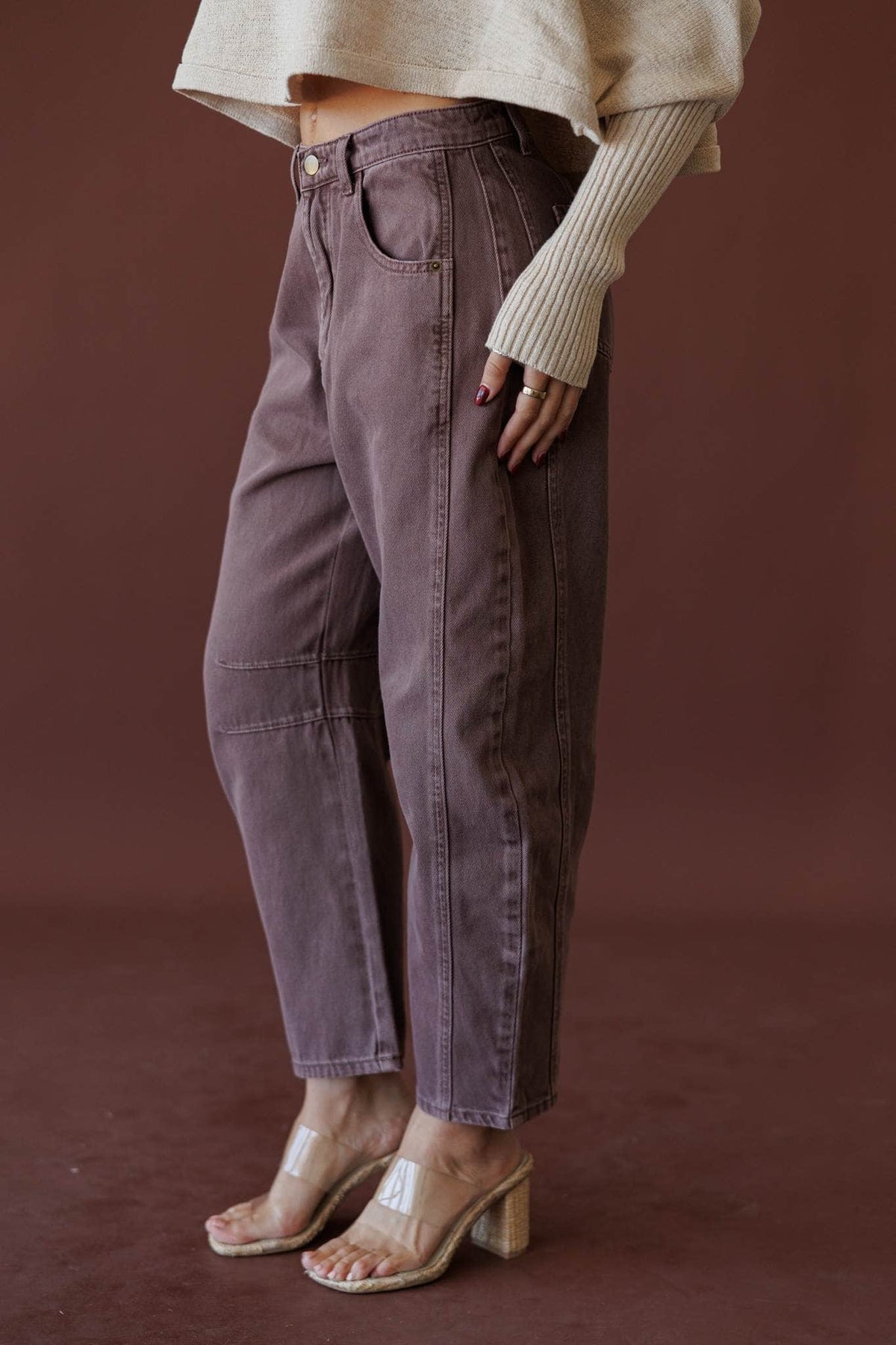 Eastside Cargo Pants, in dusty plum, side view of the tapered leg