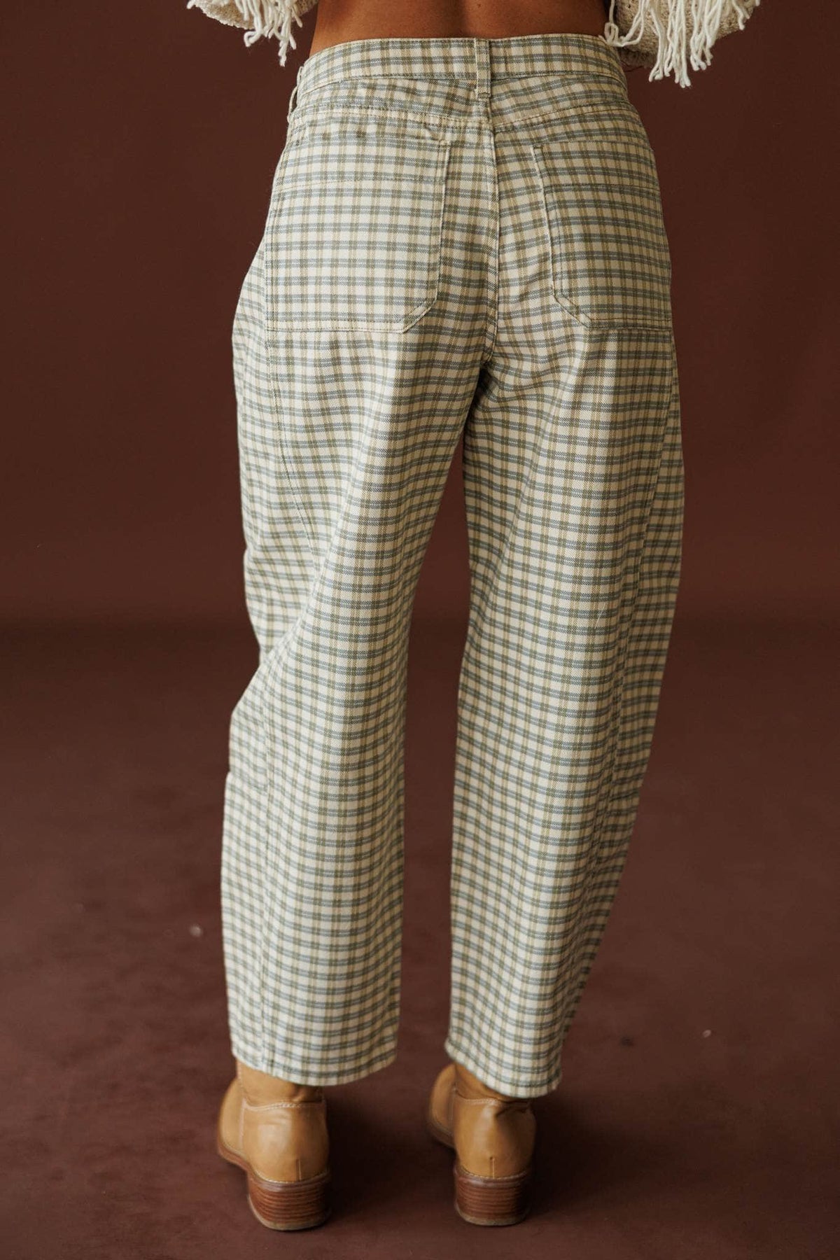 Picnic Plans Gingham Trousers, in olive mist, side view of the barrel leg