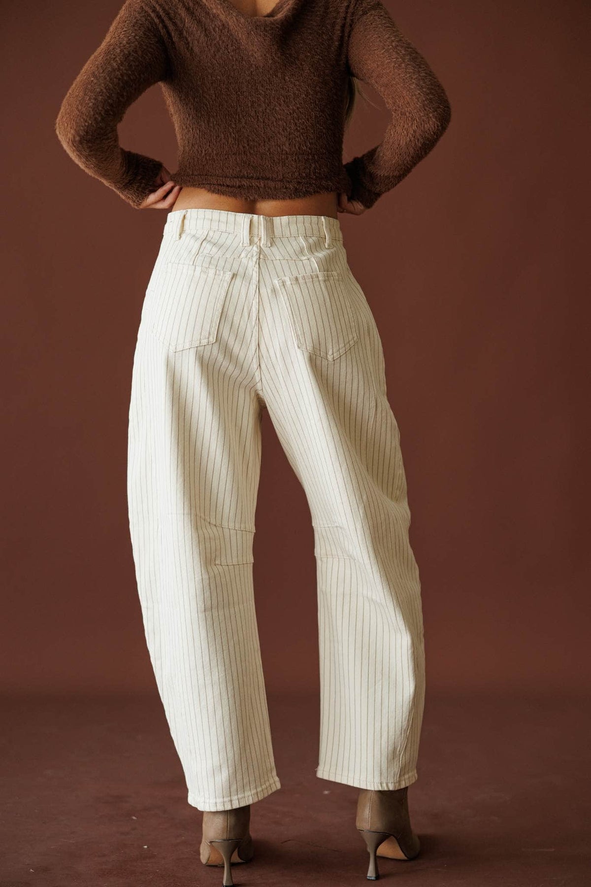 Astor Pinstripe Pants, in cream, front view of the five pocket waist