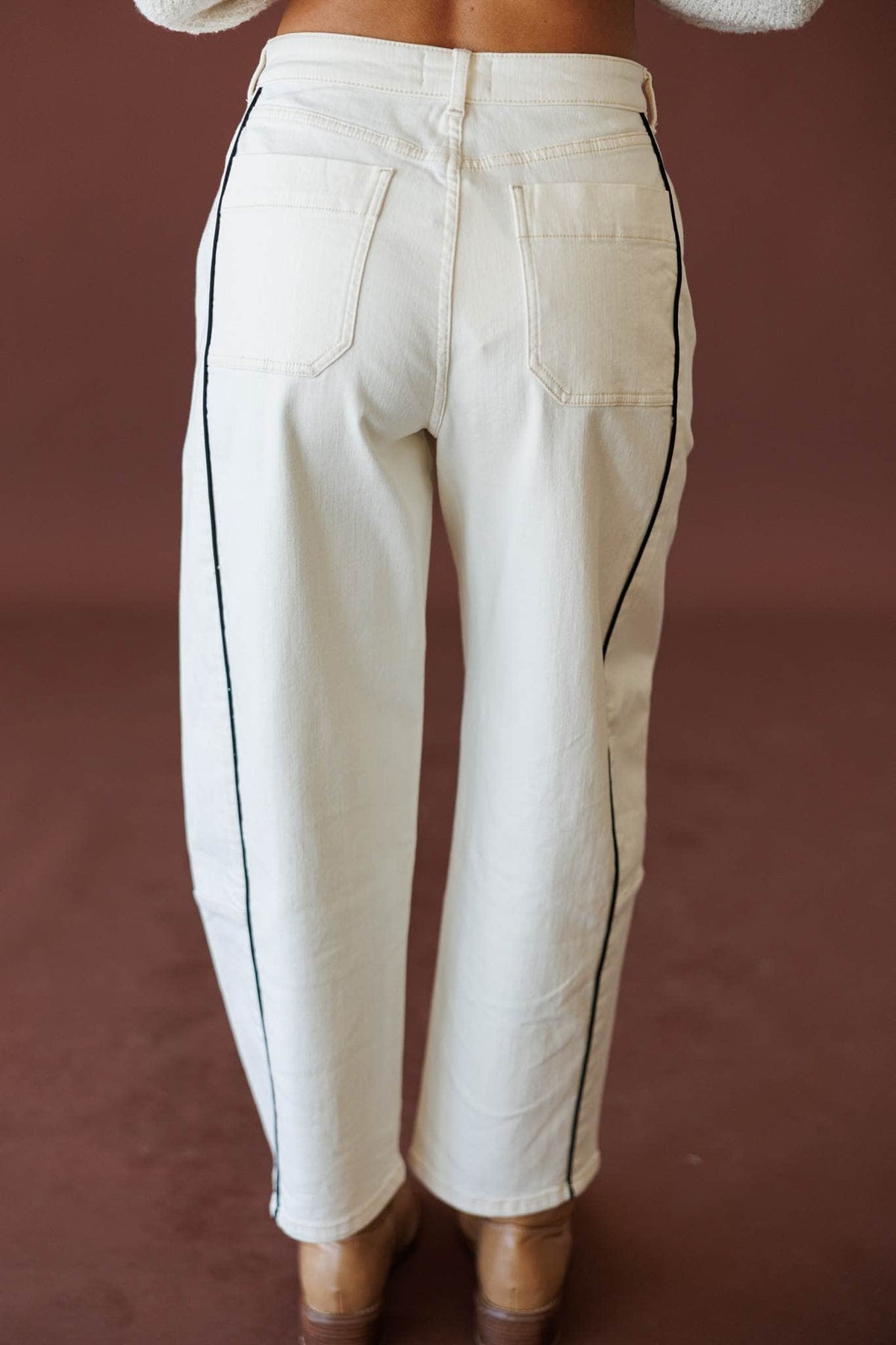 Piped Wide Leg Pants, in ecru, back view of the wide leg pants