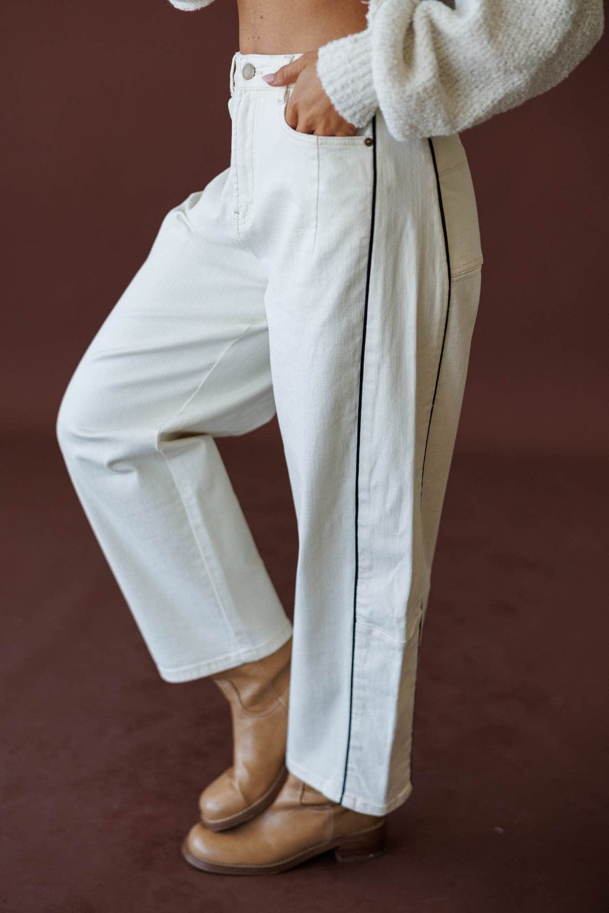 Piped Wide Leg Pants, in ecru, side view of the black piping down the outseam