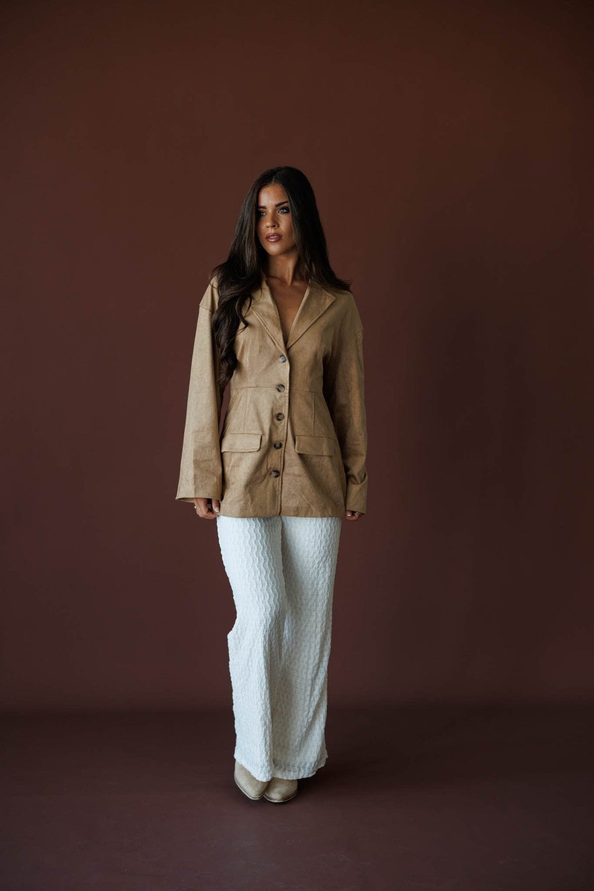 Paddock Suede Blazer in light brown, full-length view with cream textured pants