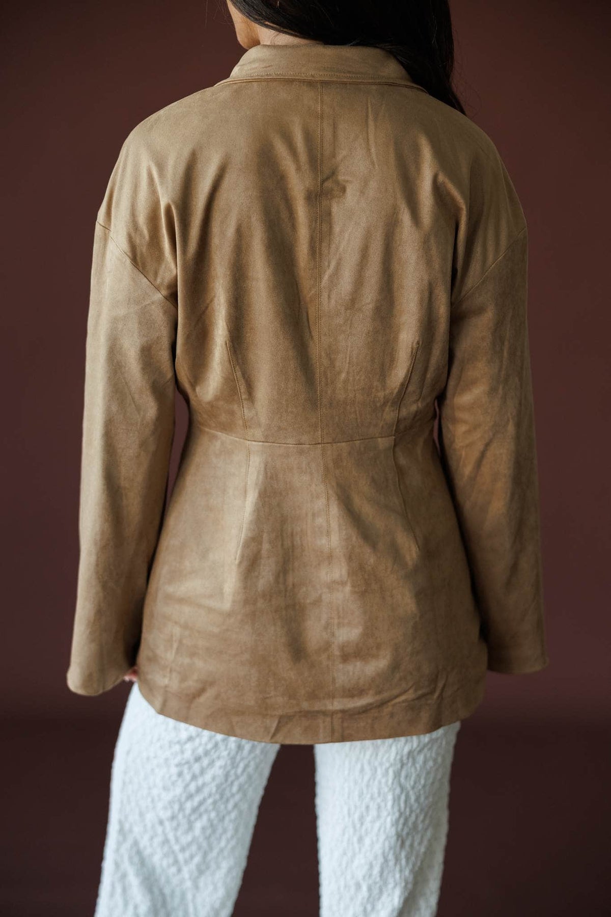 Paddock Suede Blazer in light brown, back view showing the seamed suede blazer