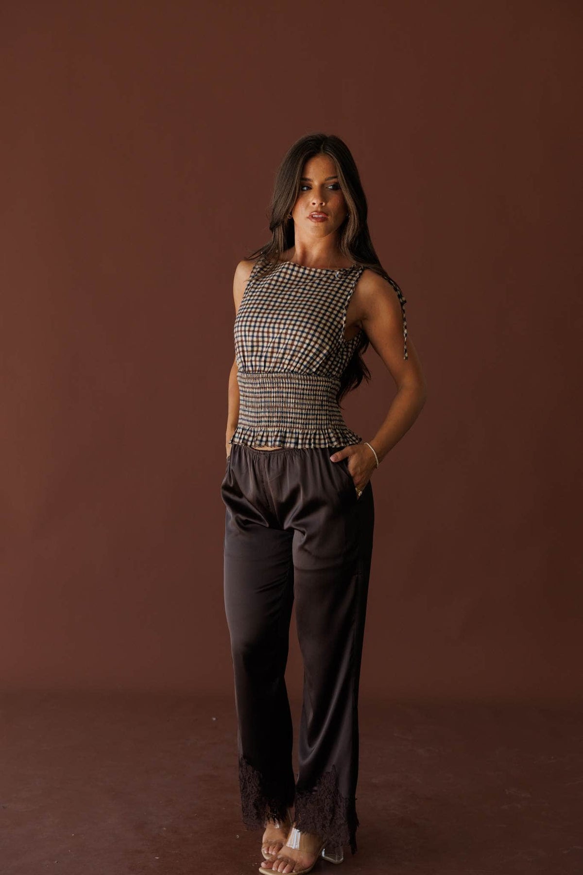 Brown check smocked sleeveless top