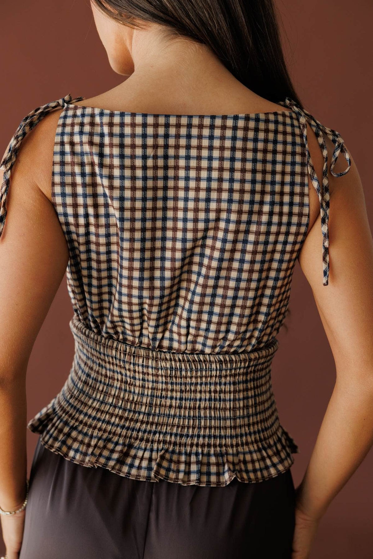 Brown check smocked sleeveless top