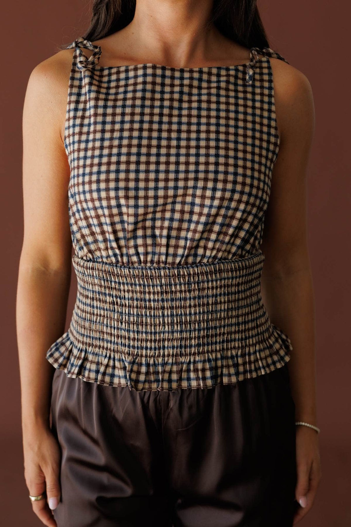 Brown check smocked sleeveless top