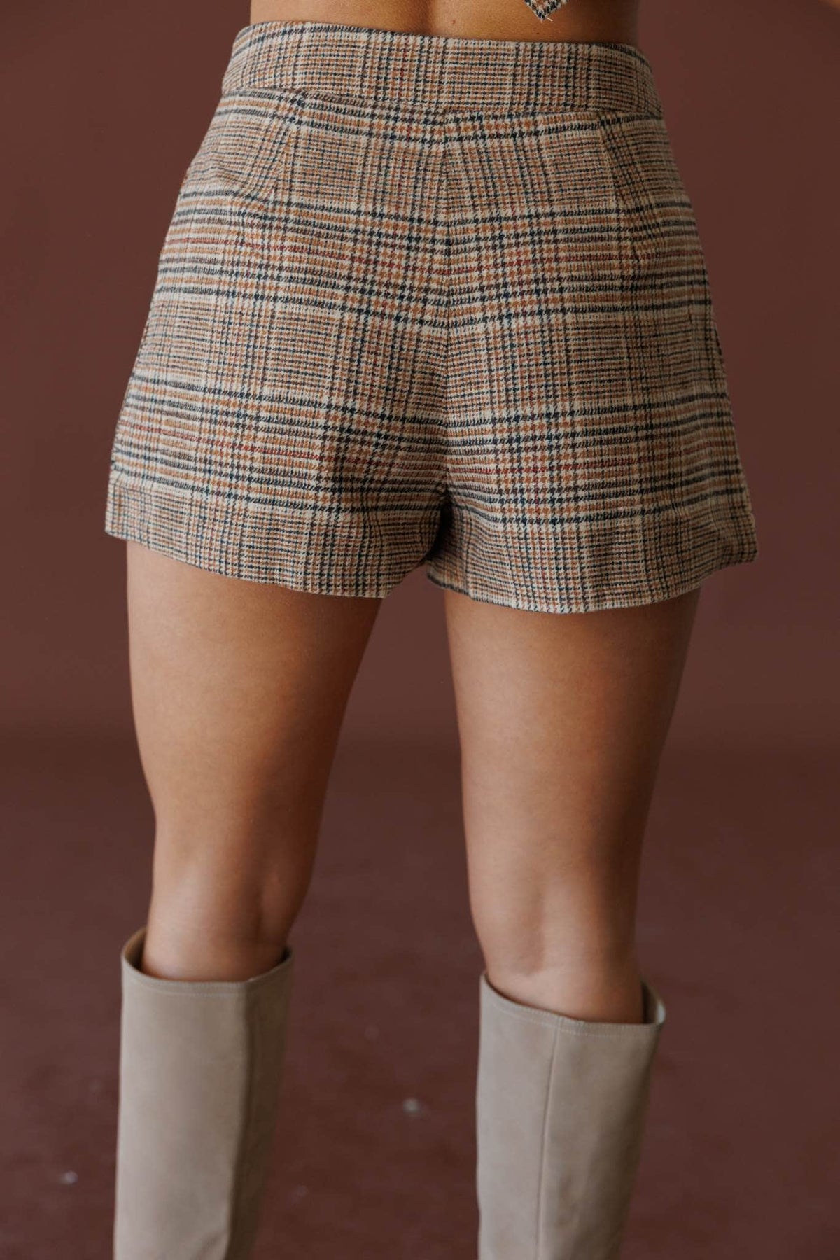 Tan plaid pleated shorts