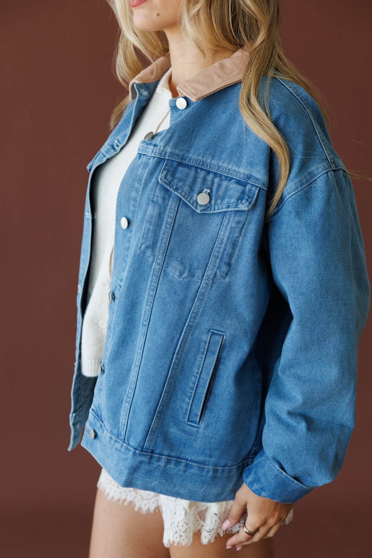 Denim and taupe jacket