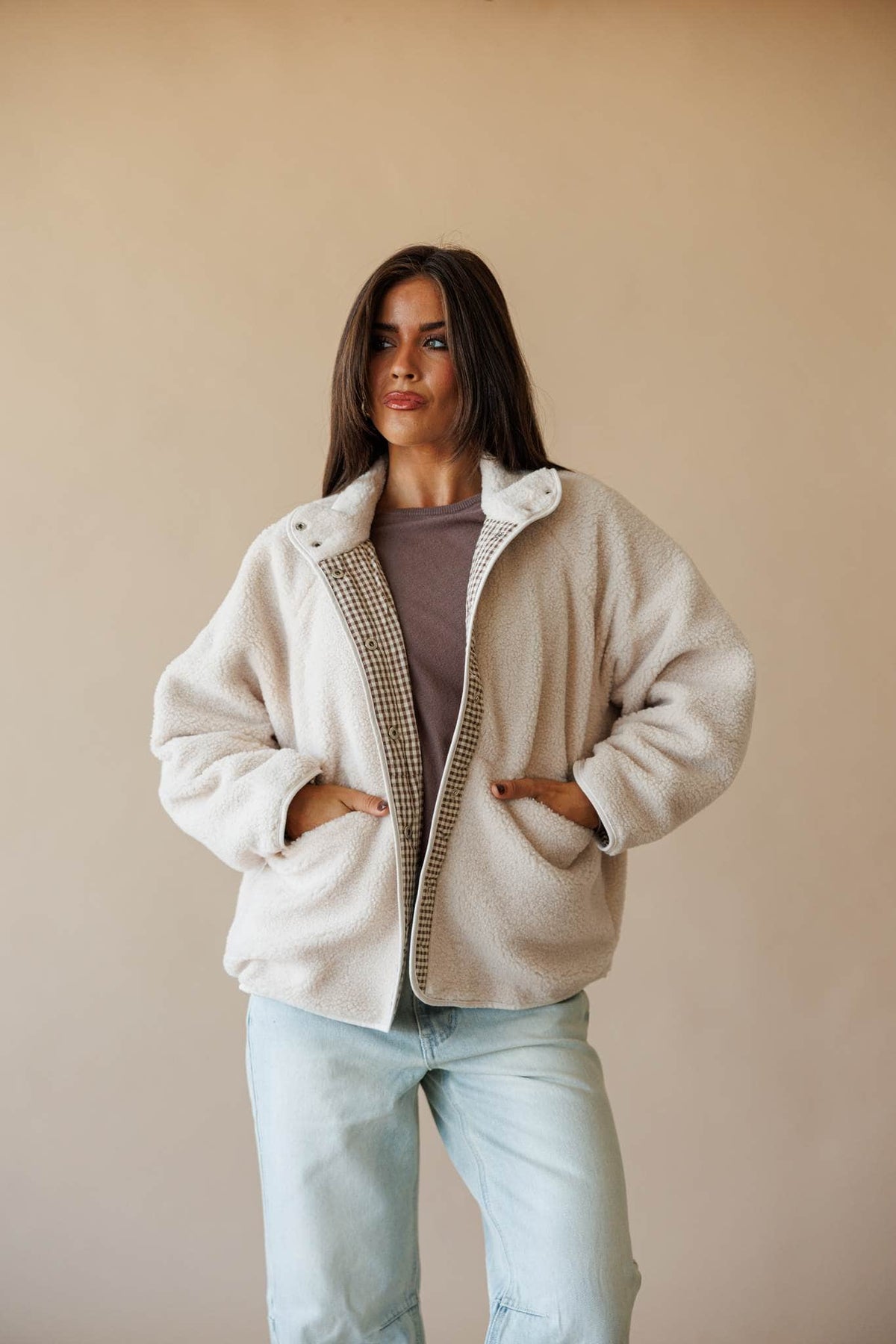 Cream sherpa reversible jacket, front view