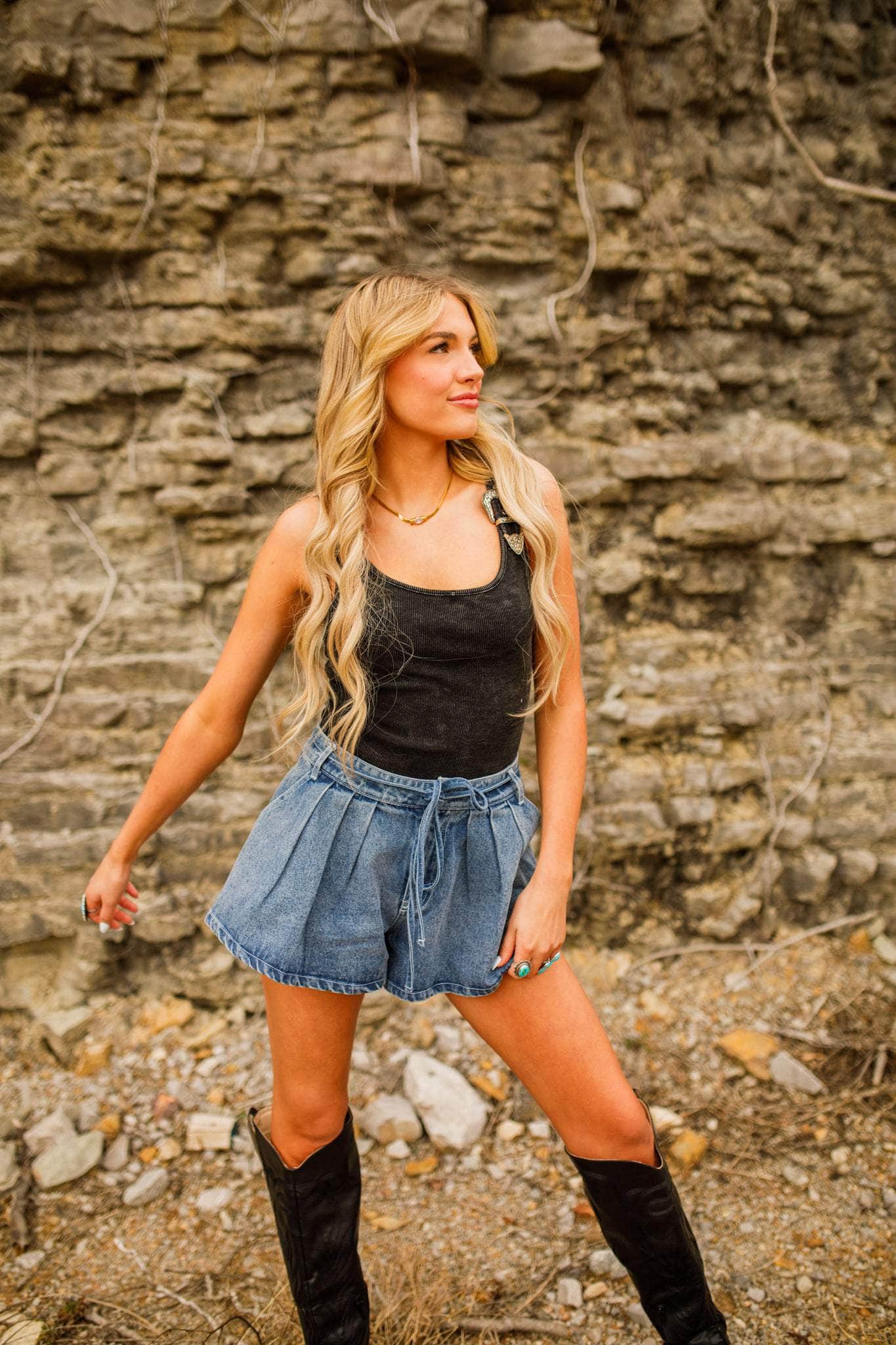 Pleated Denim Shorts