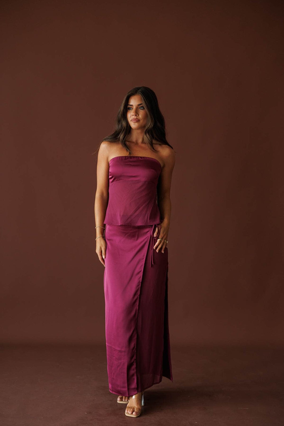 Plum Hour Satin Maxi Skirt in plum, full-length view with the matching satin tube top