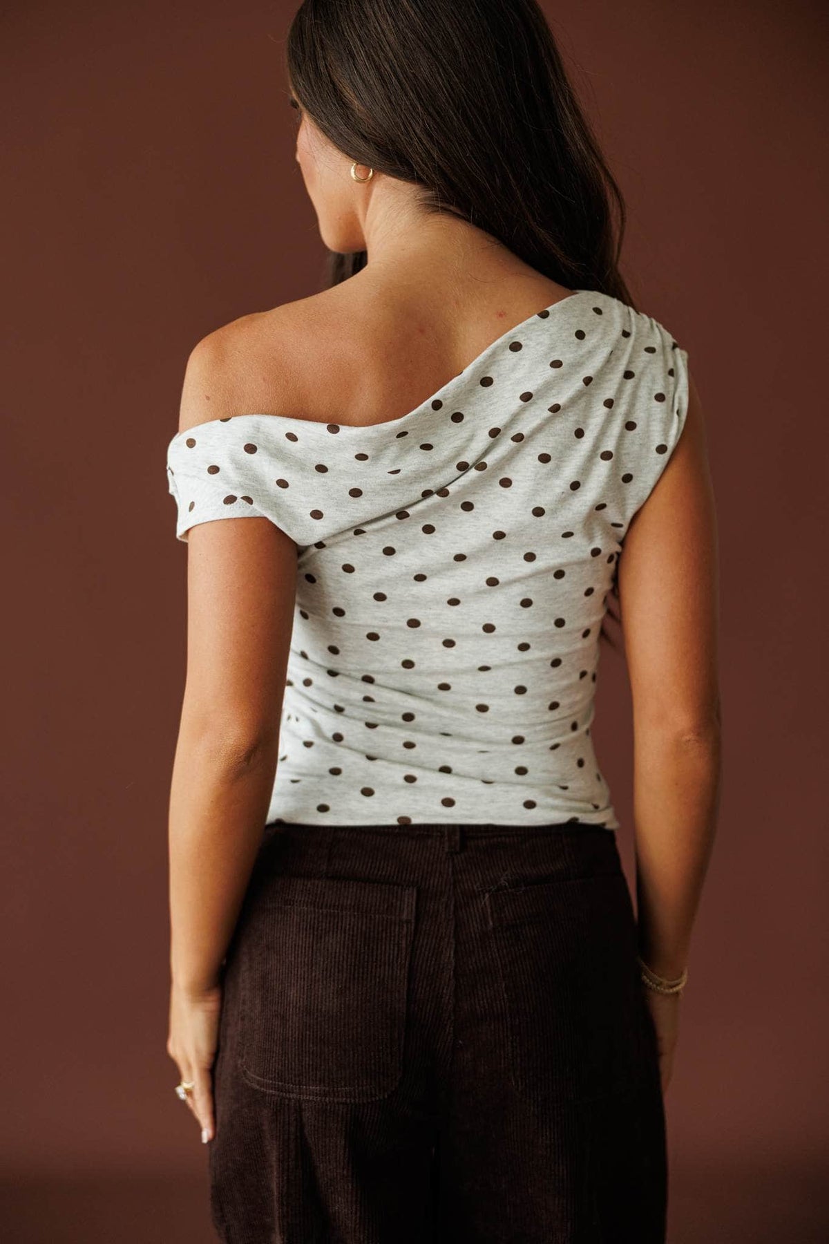 Dot After Dark Top in heather grey and brown dot, back view of the fitted knit