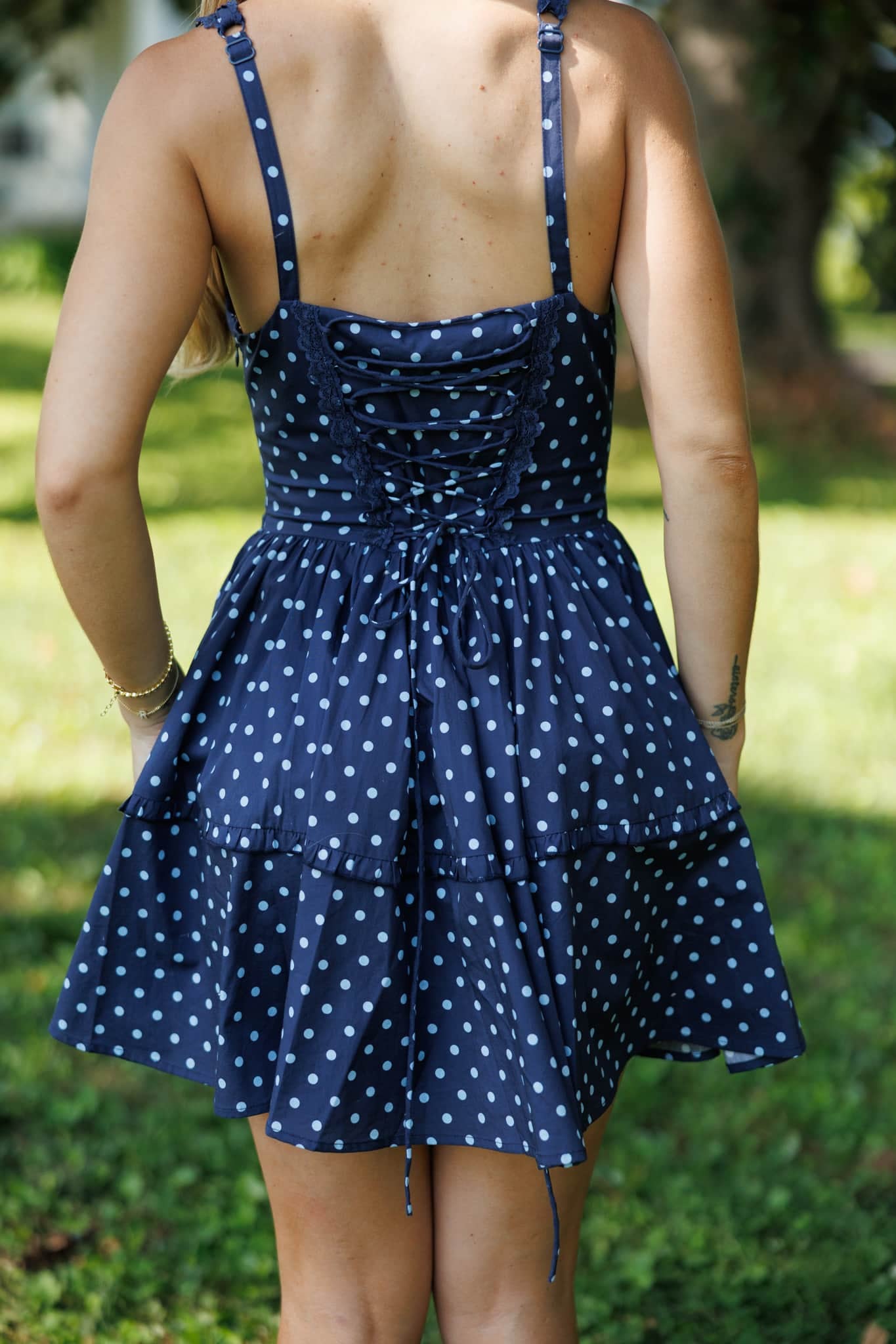 Navy Lace Polkadot Corset Dress